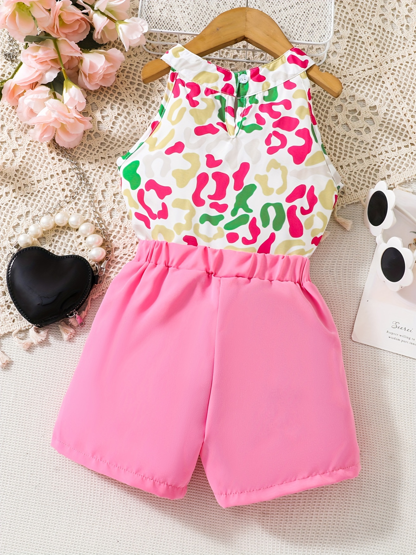 Girls' Leopard Halter Top & Button Shorts Set for Party Beach Vacation