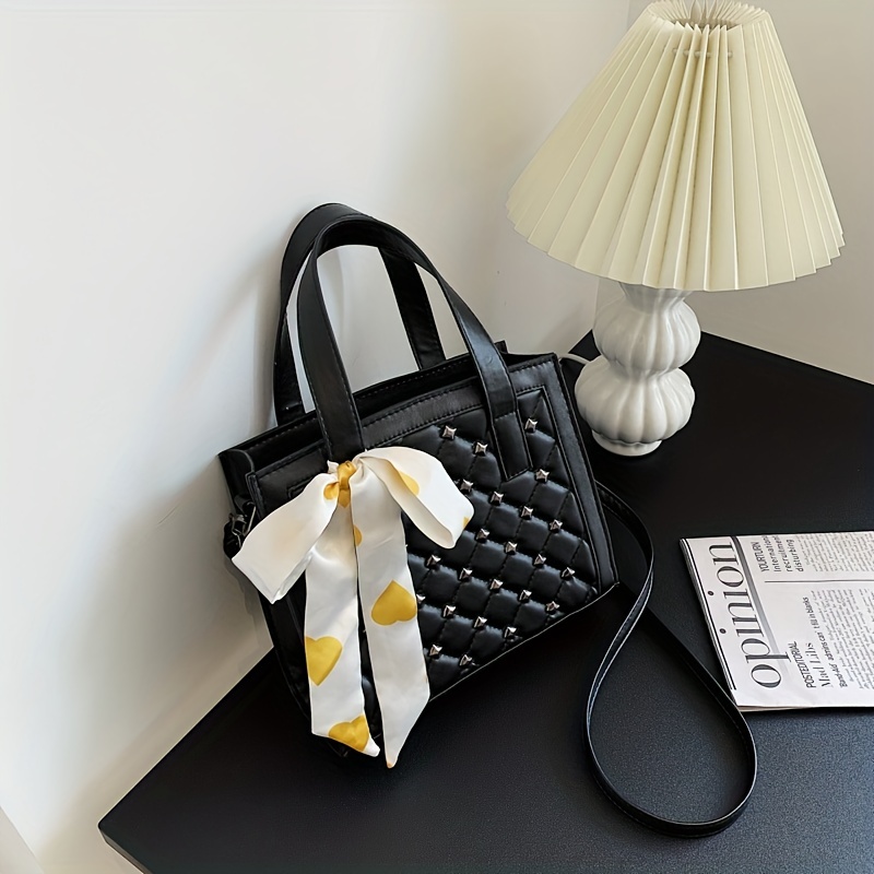 Niche Rivets Decor Quilted Shoulder Bag with Scarf