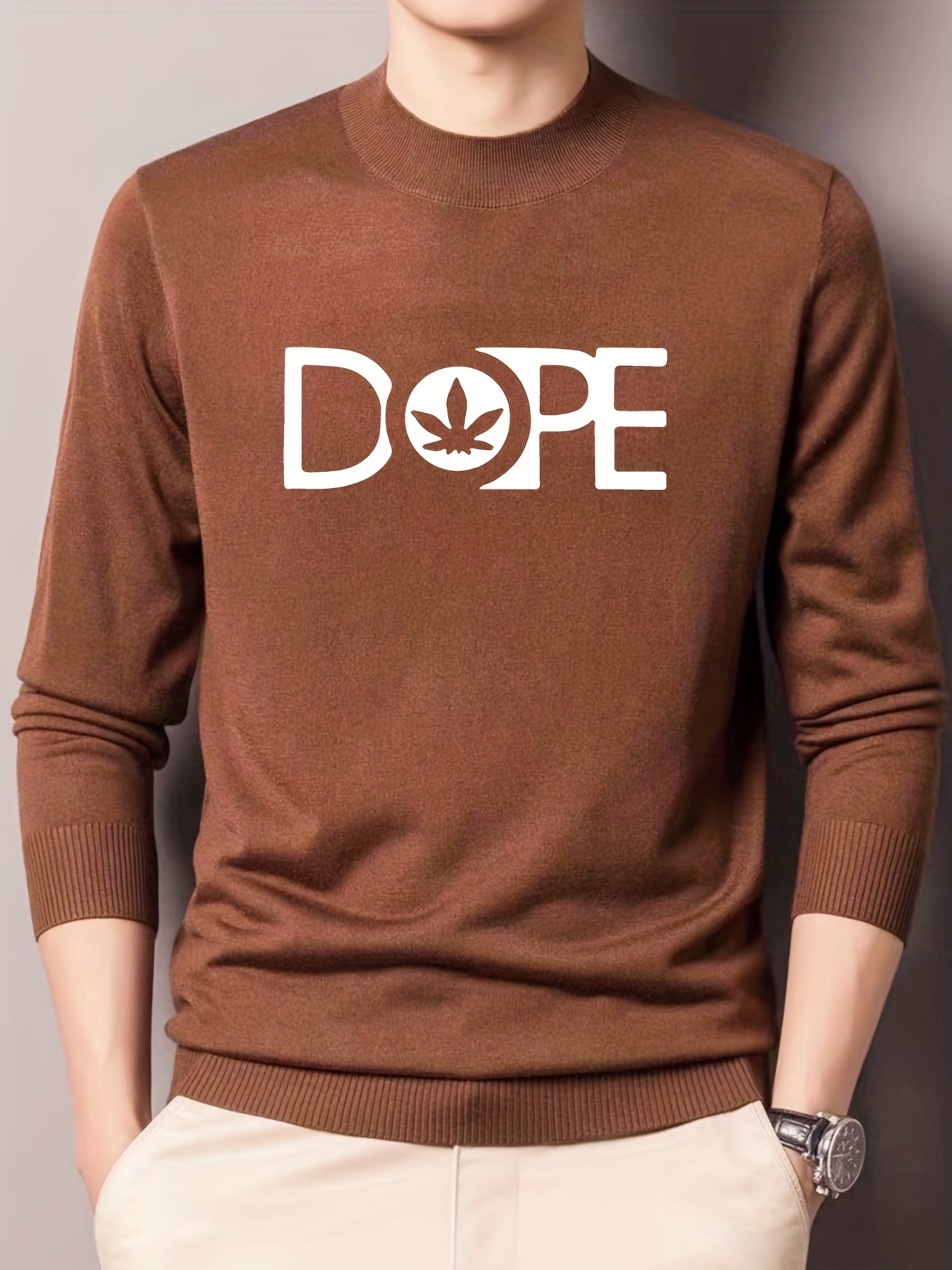 Men's Leaf & Letter Print Knitted Sweater Stretch Long Sleeve Top