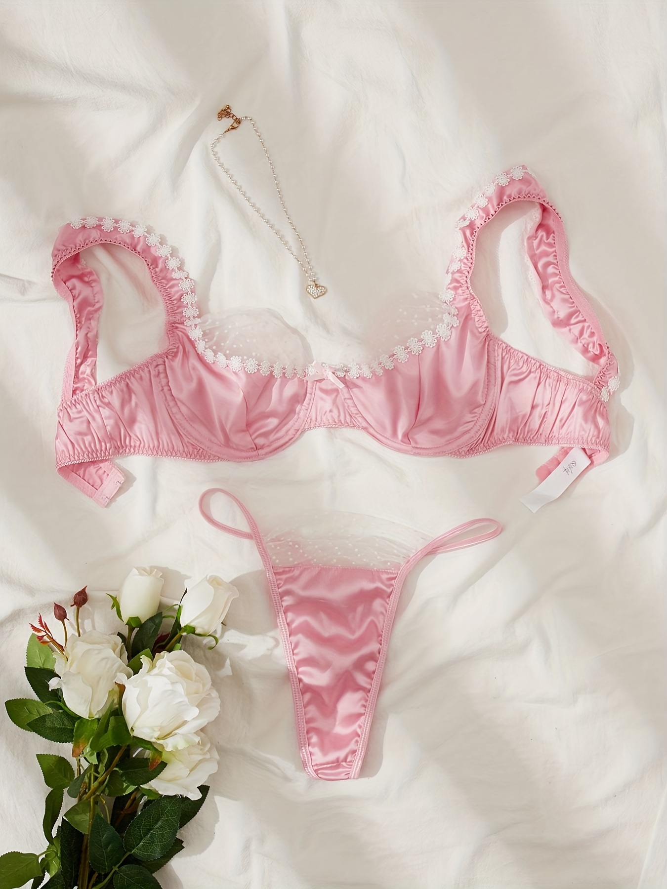 Solid Floral Embroidery Lingerie Set, Lace Trim See Through Bra & Thongs,  Women's Sexy Lingerie & Underwear