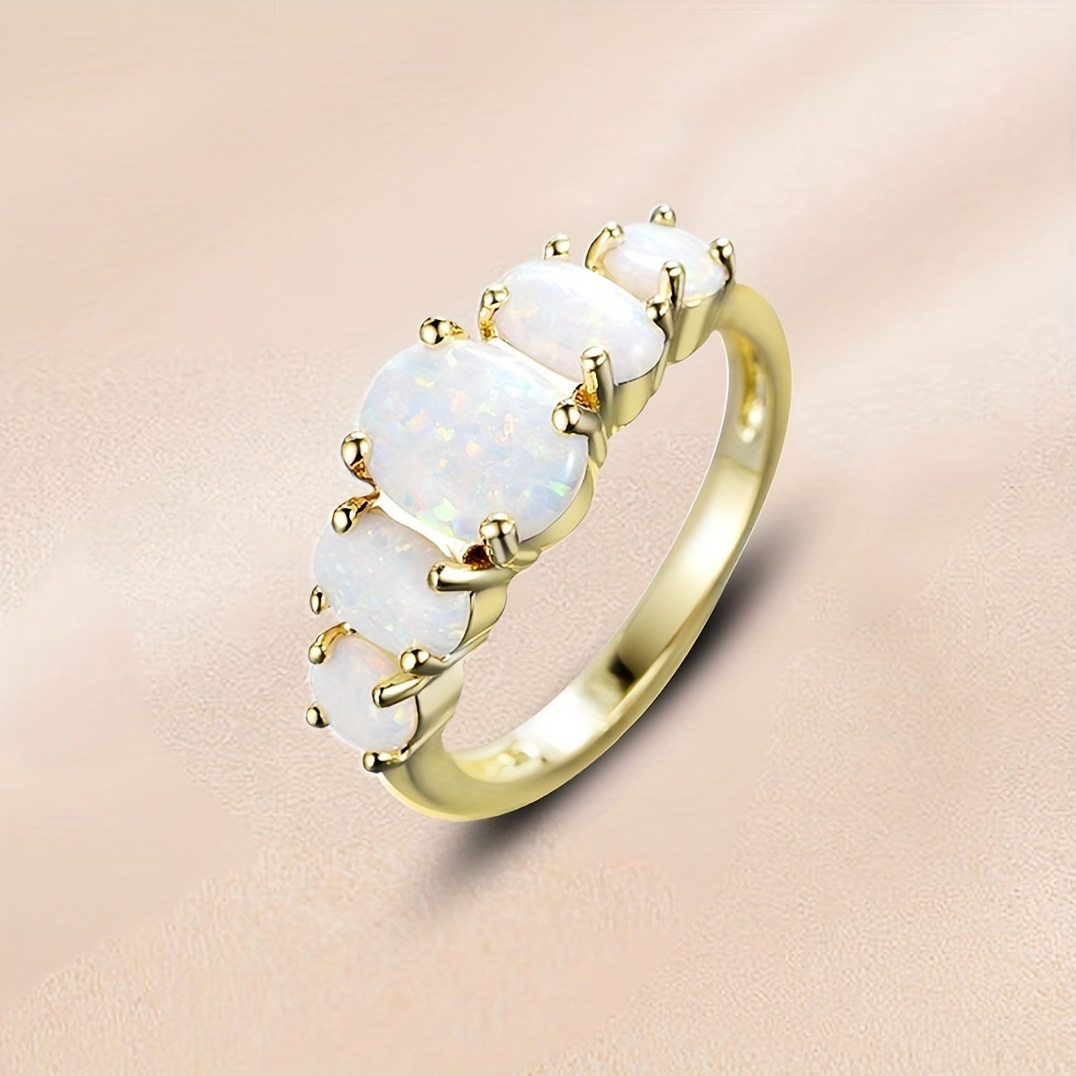 

Chic Ring 14k Plated Inlaid A Row Of Opal Symbol Of Beauty And Elegance Match Daily Outfits Party Accessory Dupes Luxury Ring