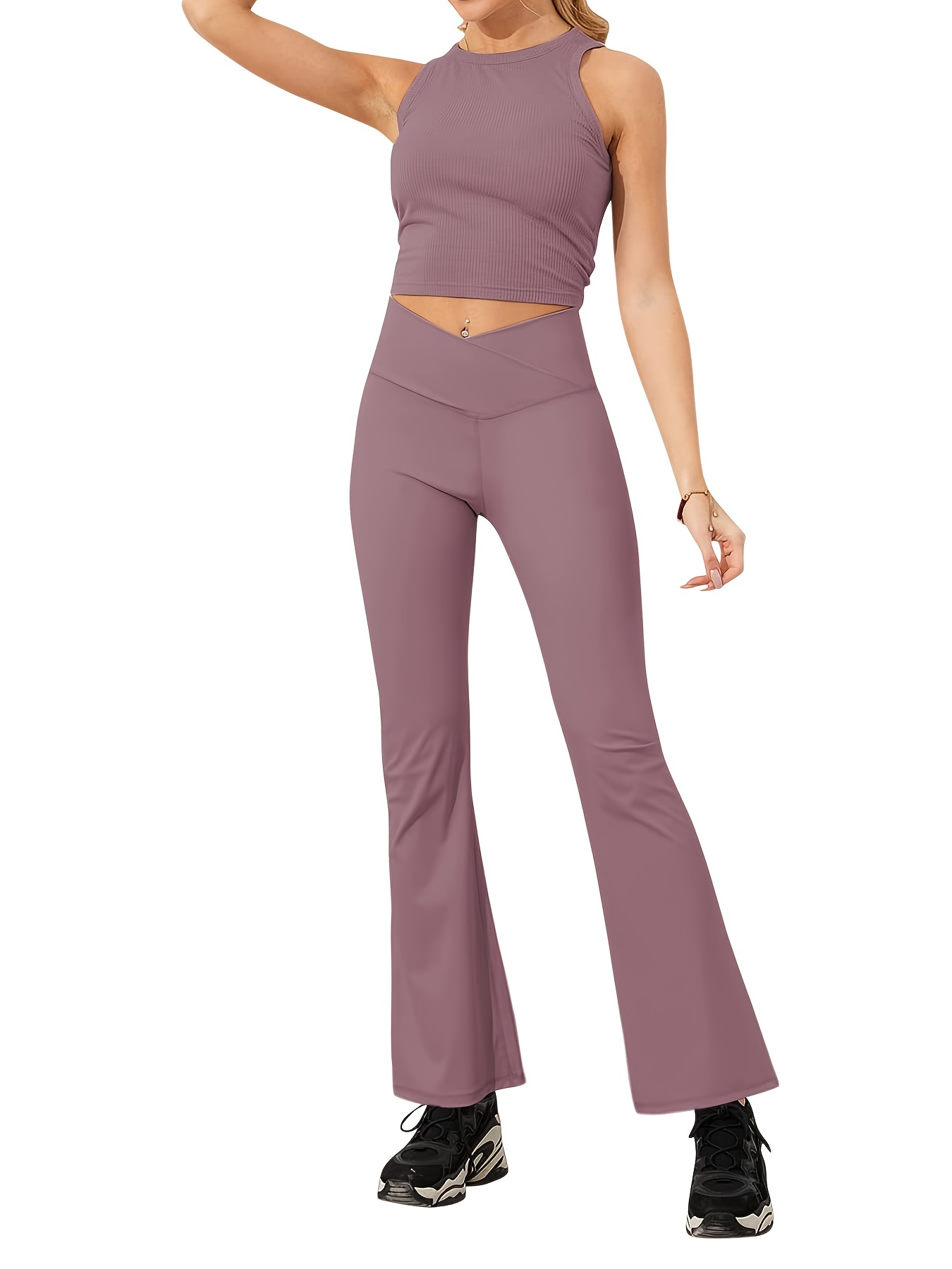 Clearance Stretchy Cropped Pants Fashion Casual Women Solid Span Ladies  High Waist Wide Leg Trousers Yoga Pants Capris Purple M