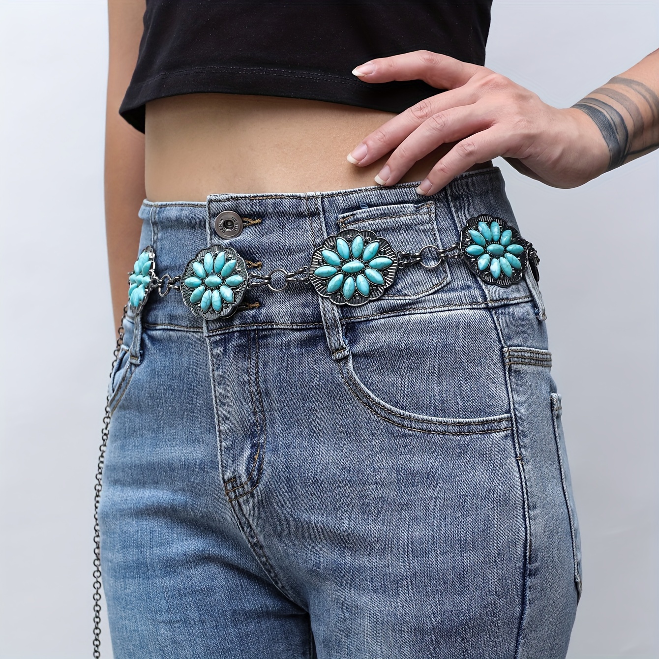 Boho Turquoise Flower Waist Chain Silvery Carved Metal Belly - Temu