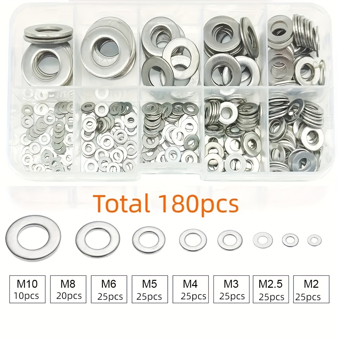 180Pcs Stainless Steel Flat Washer Metal Washers Rings M2 M2.5 M3 M4 M5 M6  M8 M10 Plain Gasket For Screw Bolts Assortment Kits