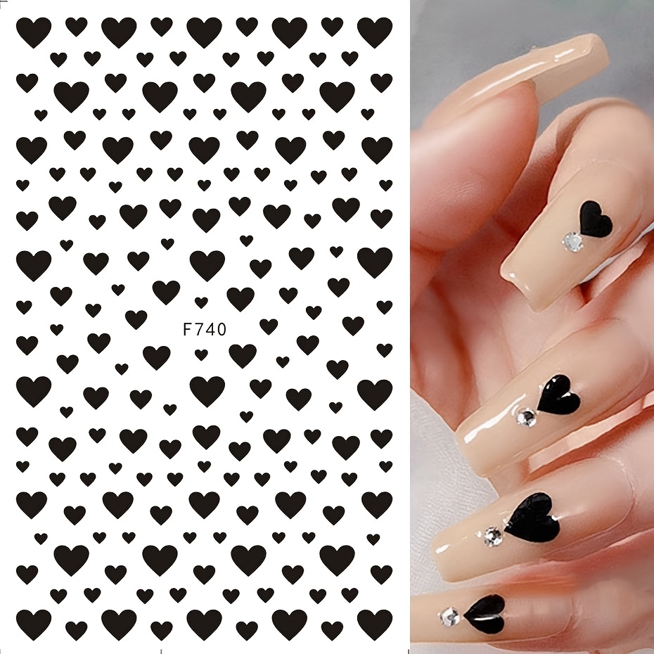 Valentines Nail Stickers Black Heart Nail Art Sticker Decal Solid Hollow  Heart