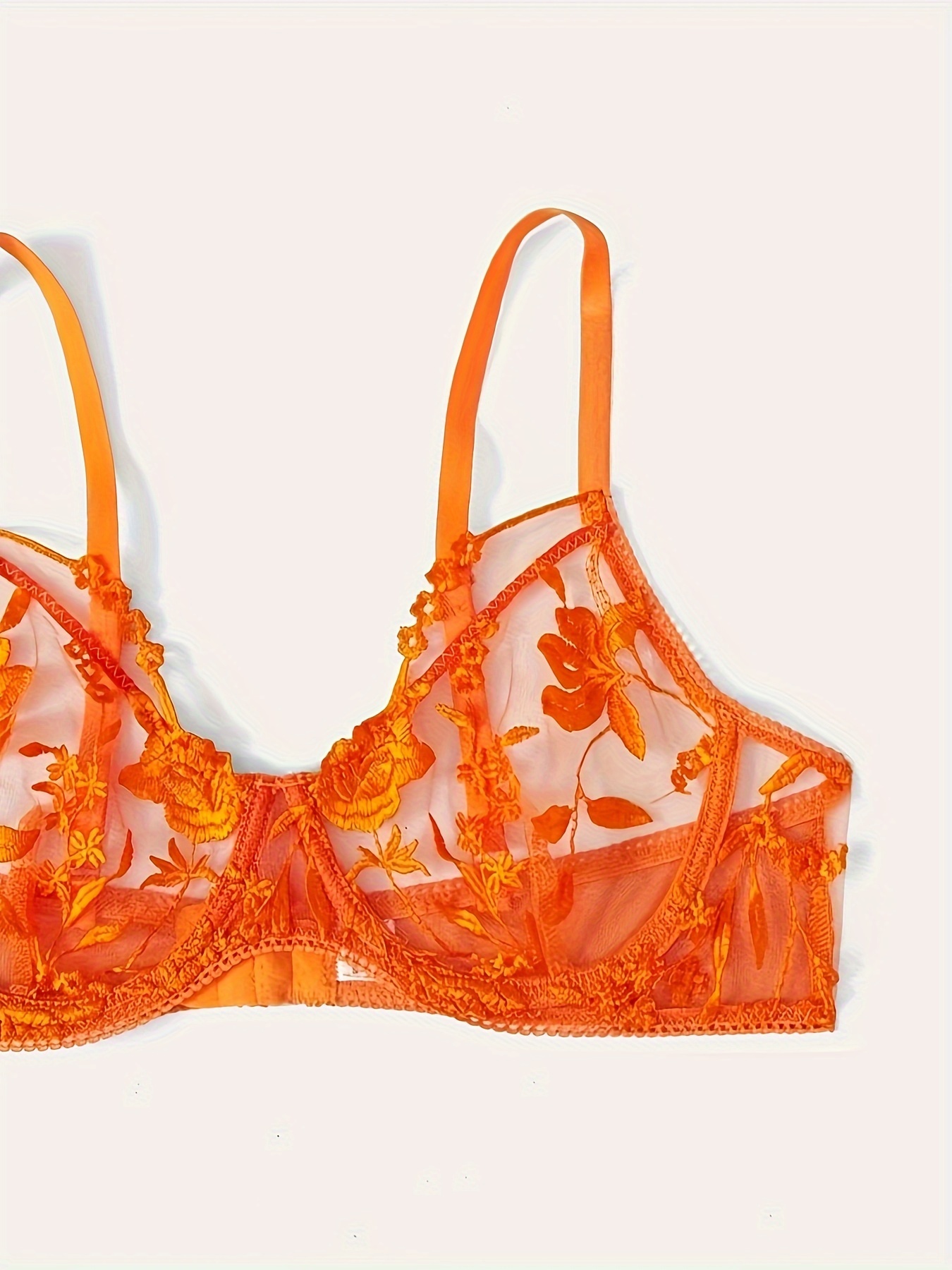 Orange Floral Lingerie Embroidery Womens Underwear Set Fancy Lace Bra Kit  Push Up Thongs With Garters Brief Setsbra Color Orange Cup Size L