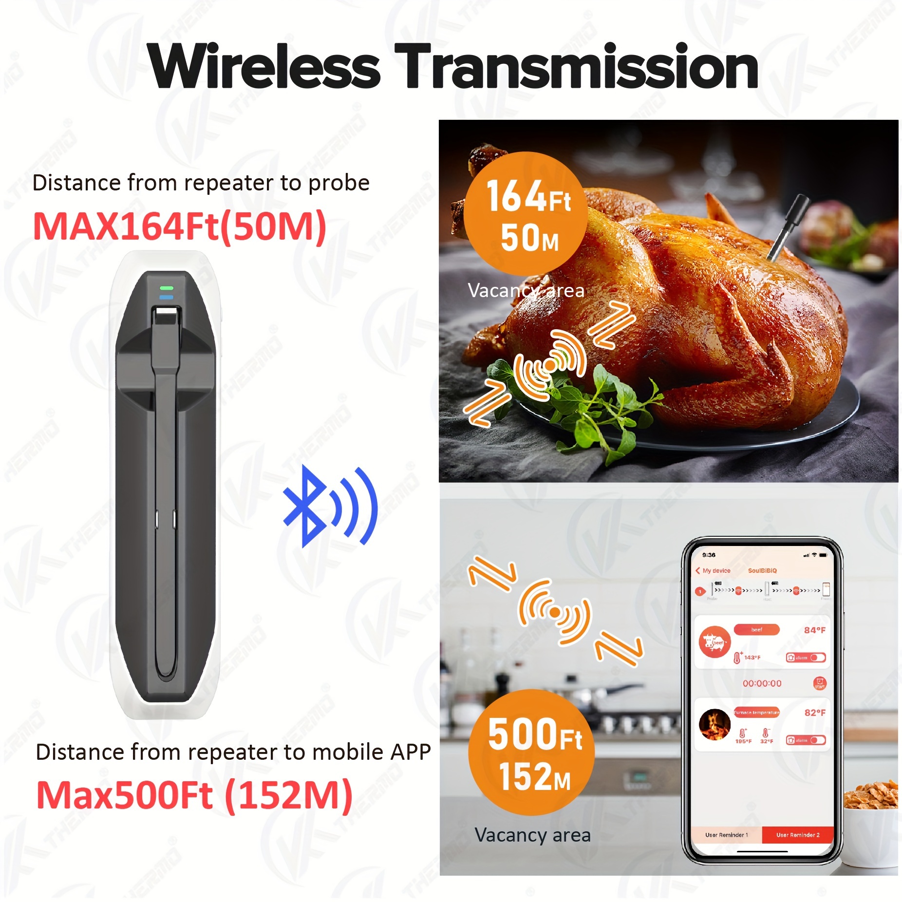 Smart Meat Thermometer with Bluetooth, 164ft Wireless Range for The Oven,  Grill, Kitchen, BBQ, Smoker, Rotisserie, 2 Probes