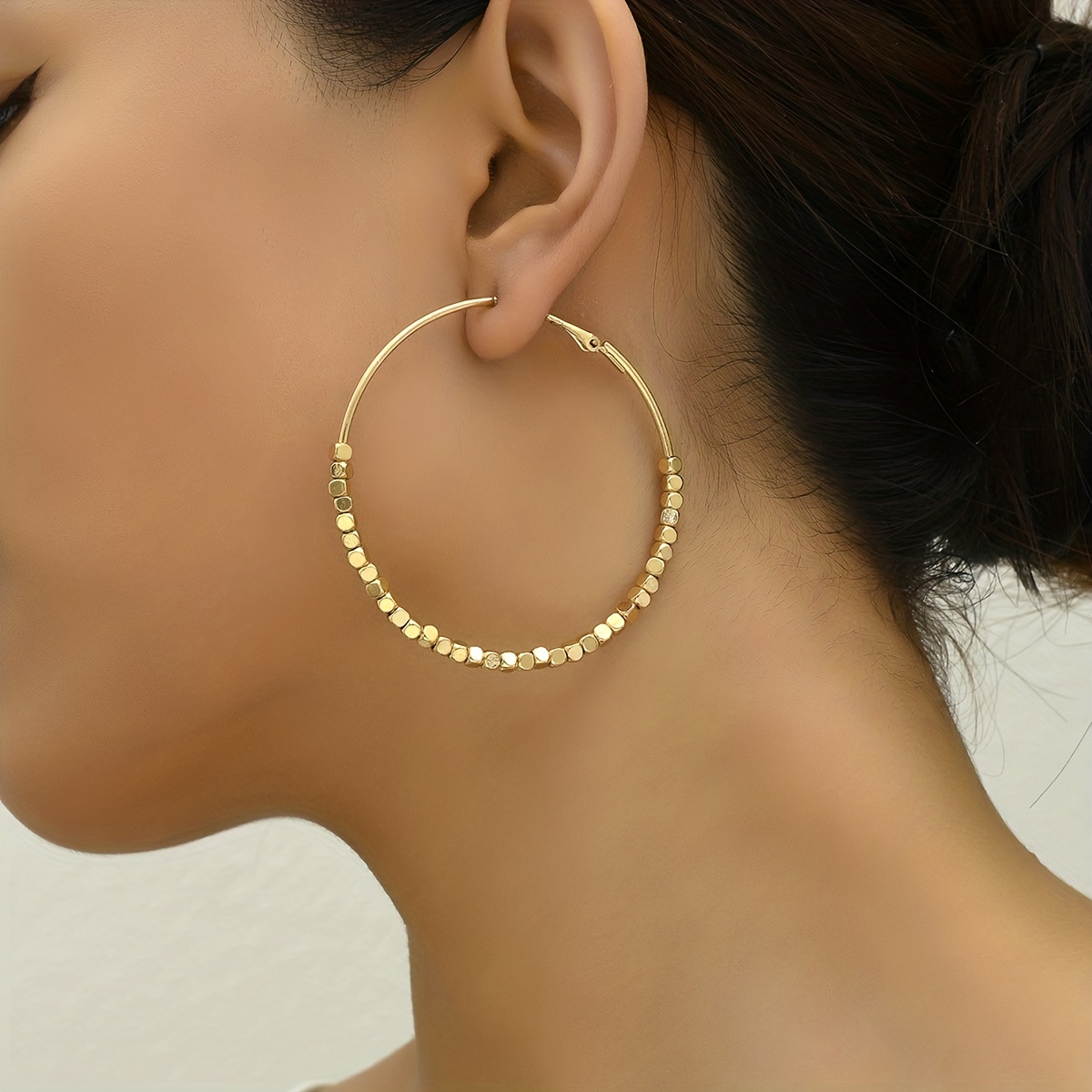 Women's Elegant Golden-Tone Beaded Hoop Earrings