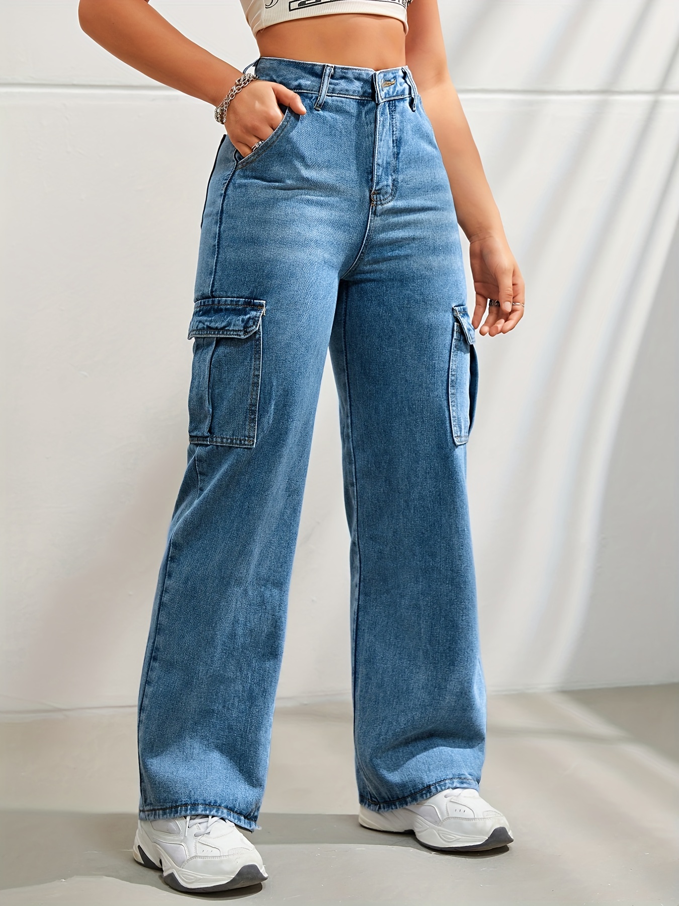Sky Blue Multi-pocket Cargo Pants, High Waist Loose Wide Leg Denim Pants,  Women's Denim Jeans & Clothing