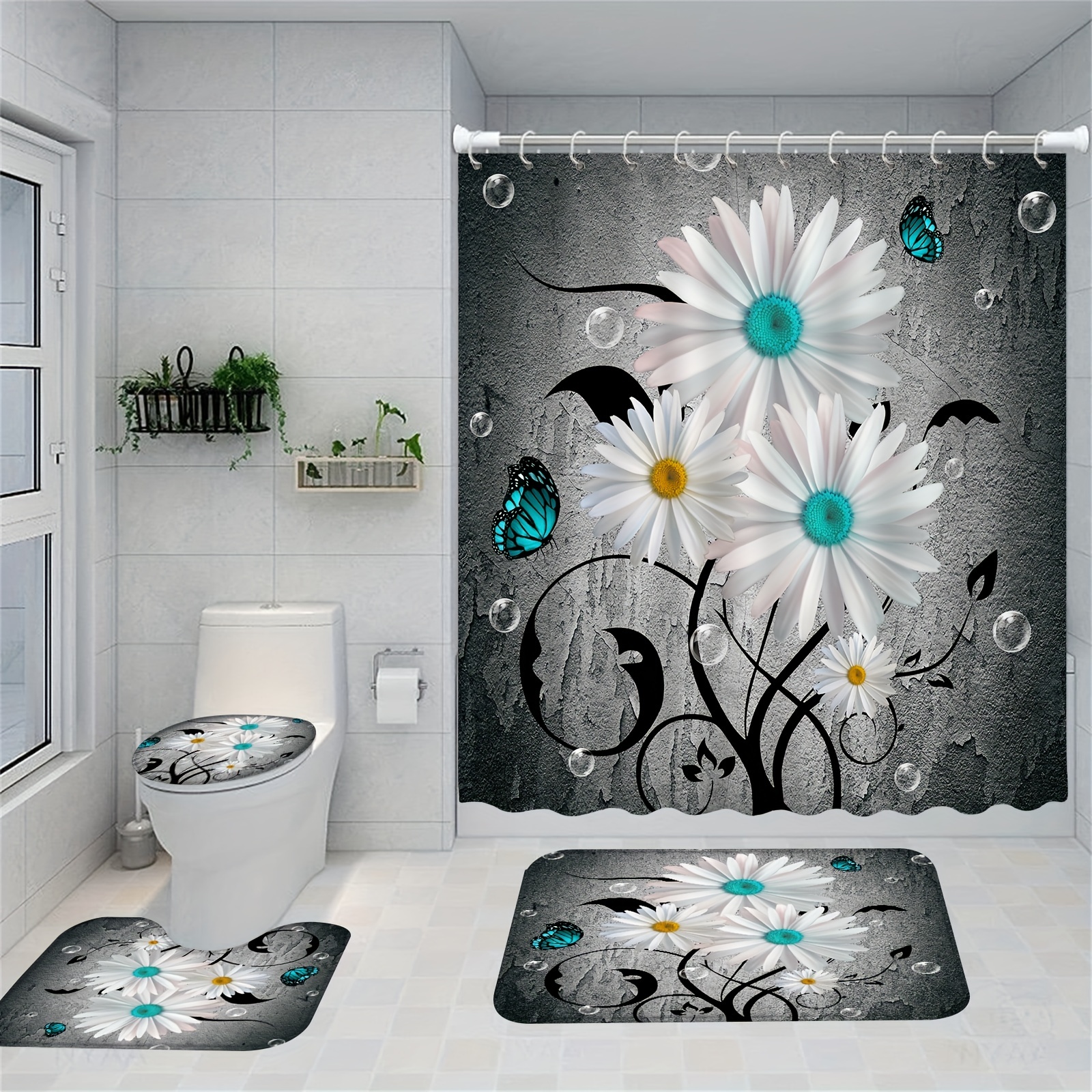 4pcs Daisy Shower Curtain and Rug Sets Bathroom Decor, Waterproof Shower Curtain with Hooks and 3pcs Toilet Cover Mat Set, Size: Shower Curtain