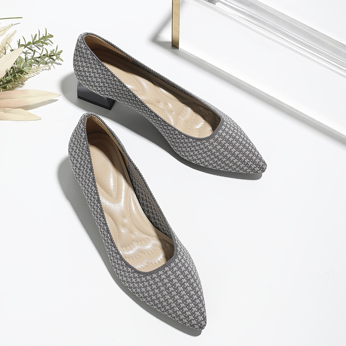 Women's Houndstooth Slip On Chunky Heels Lightweight Shoes