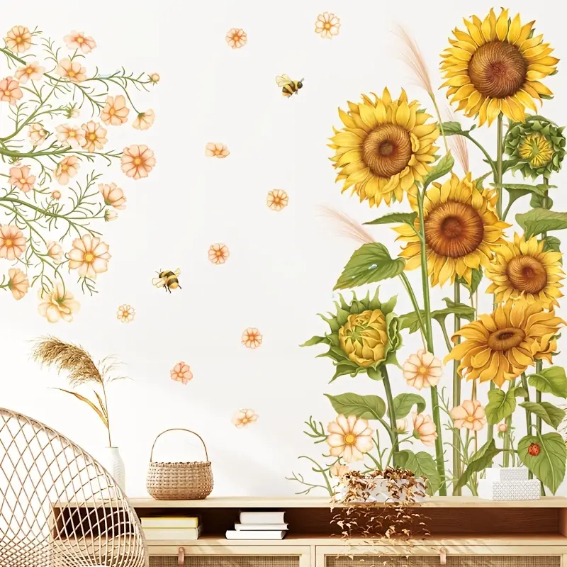 2pcs Sunflower Bee Wall Decals Garden Flower Wall Stickers Bedroom Living Room TV Wall Art Decor Murals 11 8 35 4