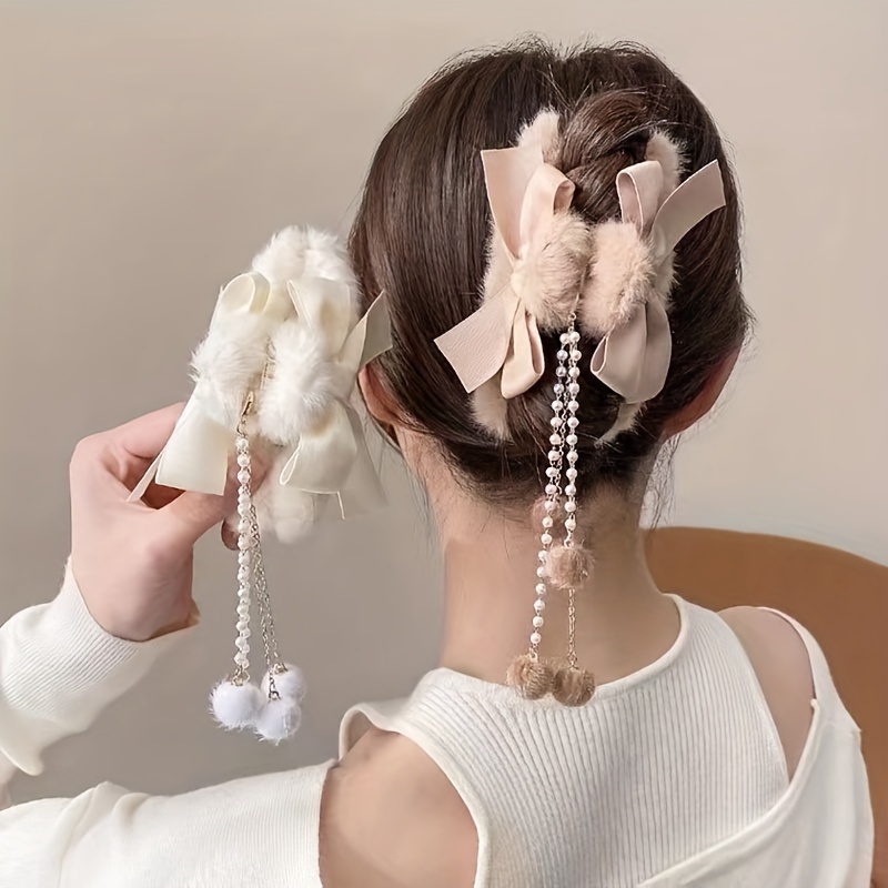 Tassel Bow Hair Clip Women Plush Hair Accessories Large Tongs Pin