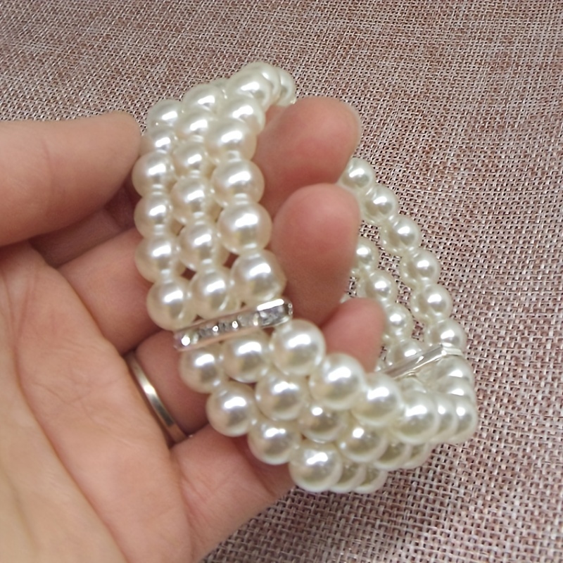 Rhinestone Three Layer Faux Pearl Stretch Bracelet for Women