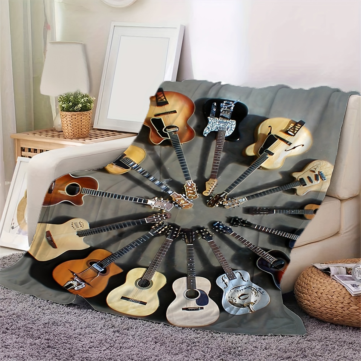 TEMU Cozy Guitar-themed Flannel Throw Blanket - Soft, Warm & Versatile For Couch, Bed, Office, And Travel - Machine Washable