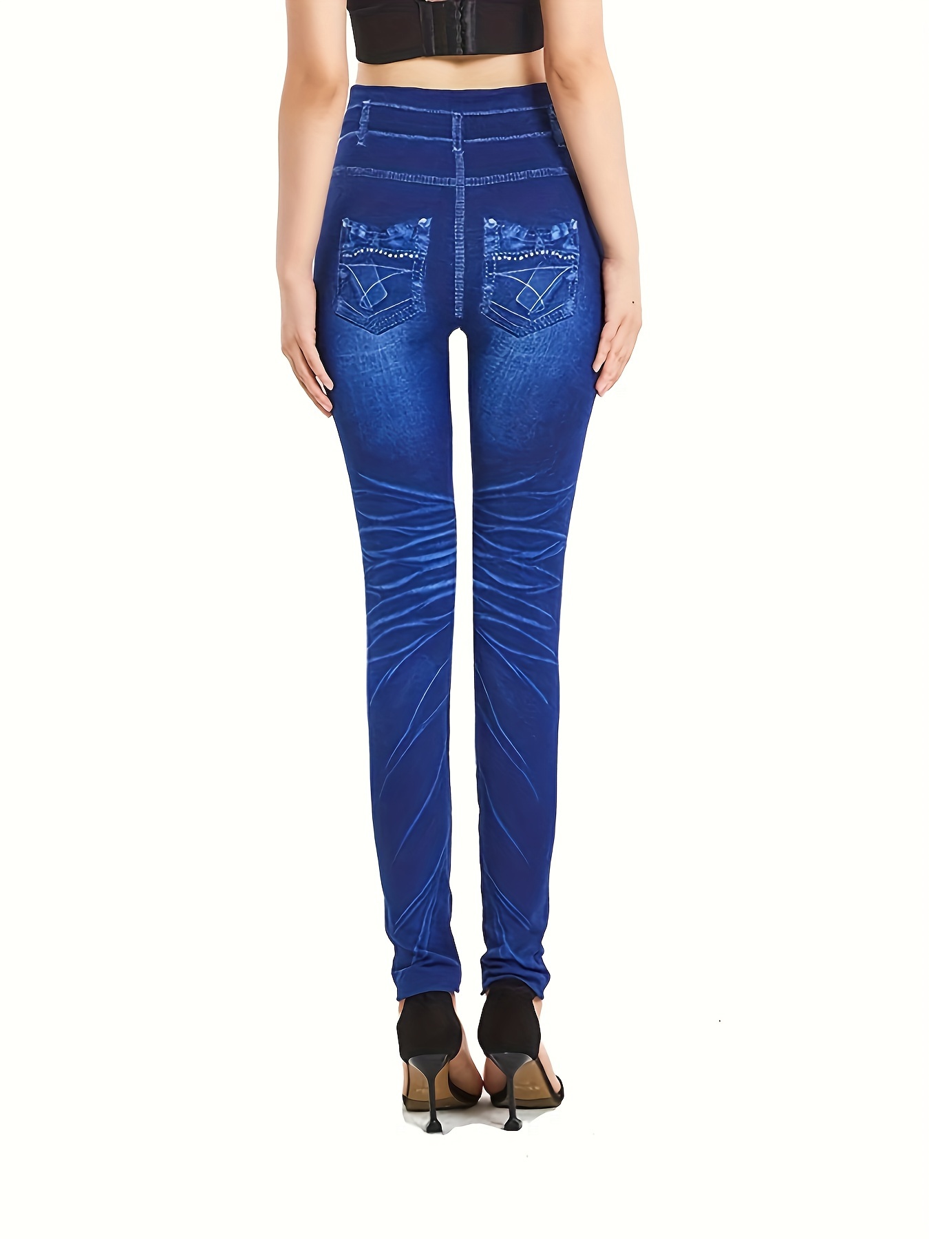 Avamo Women Look Print Jeggings High Waist Printed Denim Leggings Plus Size  Fake Jeans Slim Fit Bottoms Workout Pencil Pants Blue F 3XL 