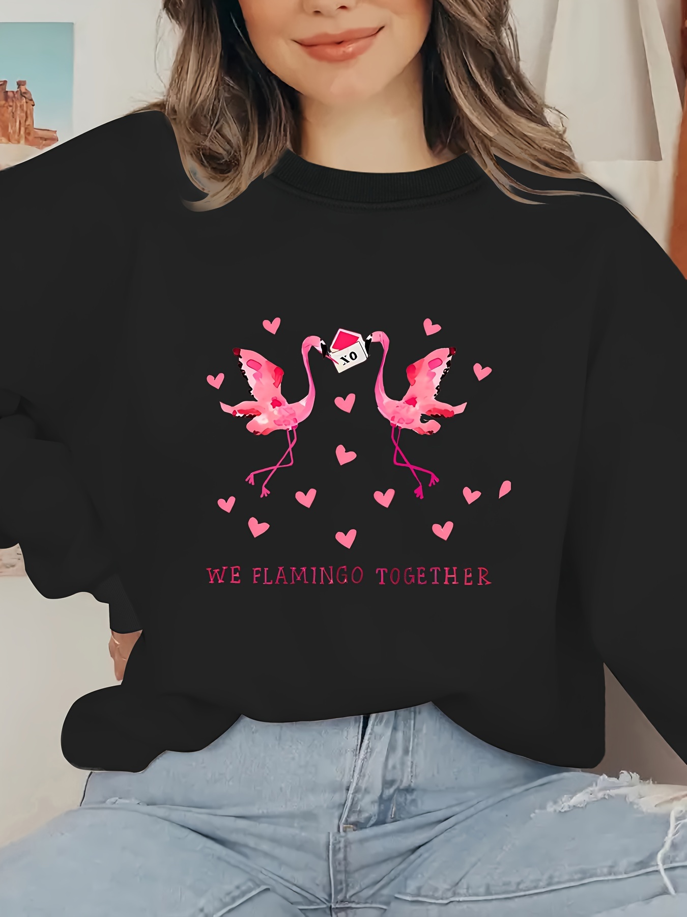 Flamingo Print Sweatshirt Plus Size Casual Long Sleeve Crew - Temu