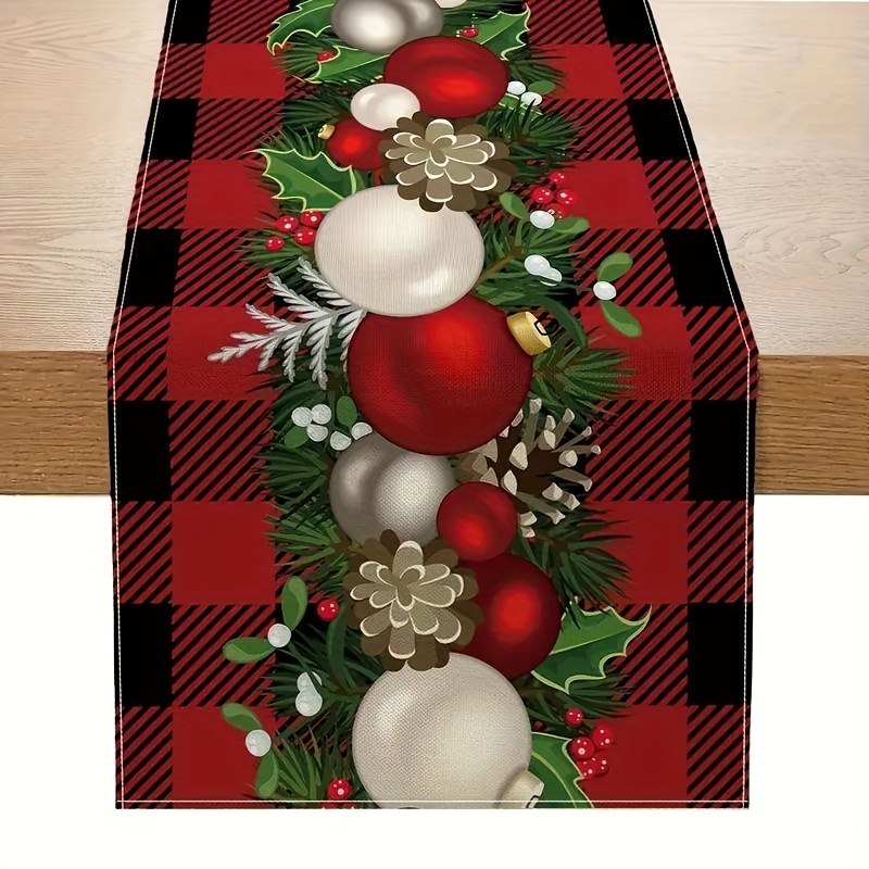 TEMU 1 pièce, Chemin de table de Noël à carreaux rouges et noirs avec boules de Noël, pomme de pin et feuilles vertes, décorations de table de pour