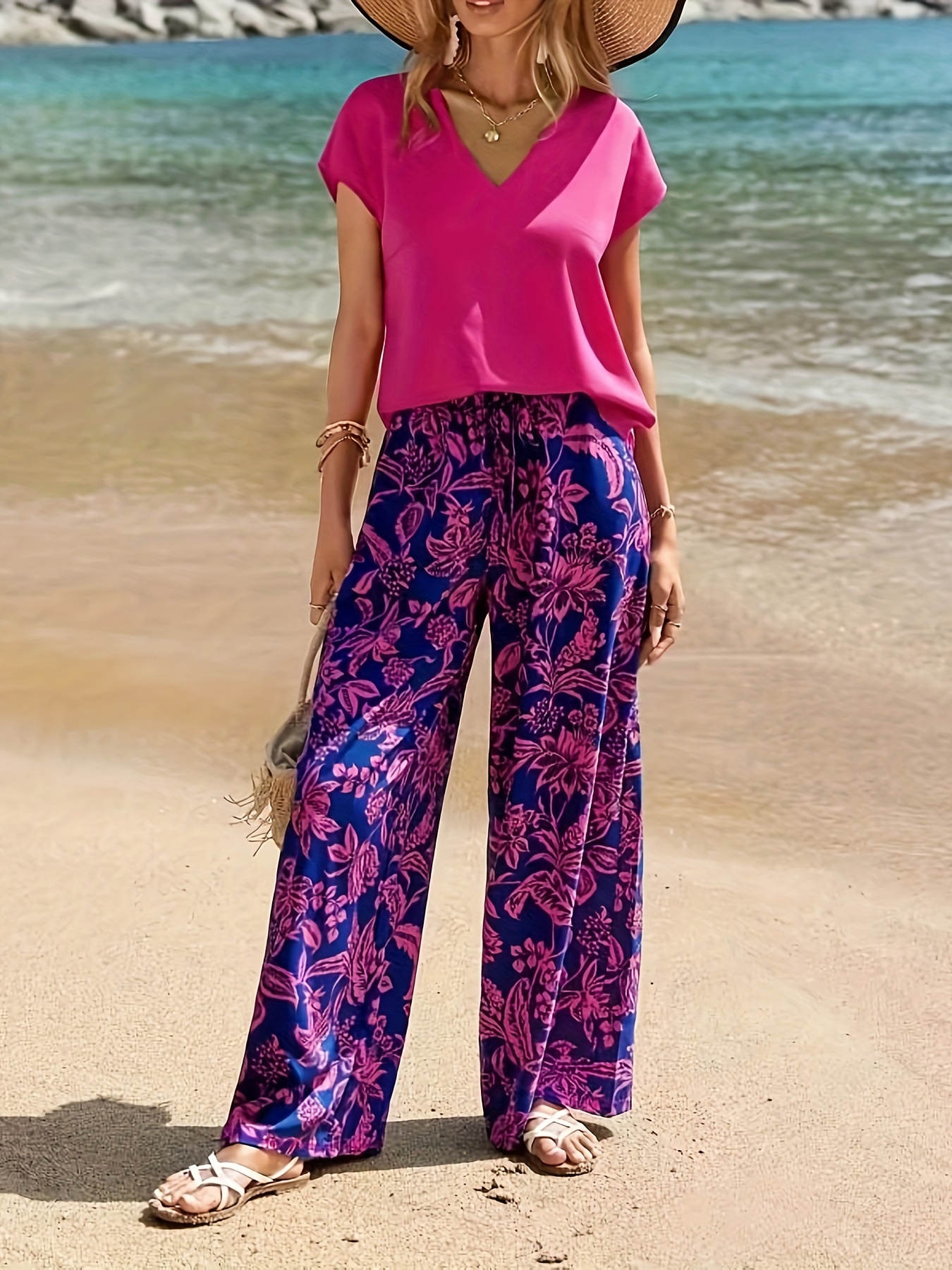 SHEIN VCAY Beach Summer Geo Print Flare Pants Boho Hippie Boot Cut Trousers