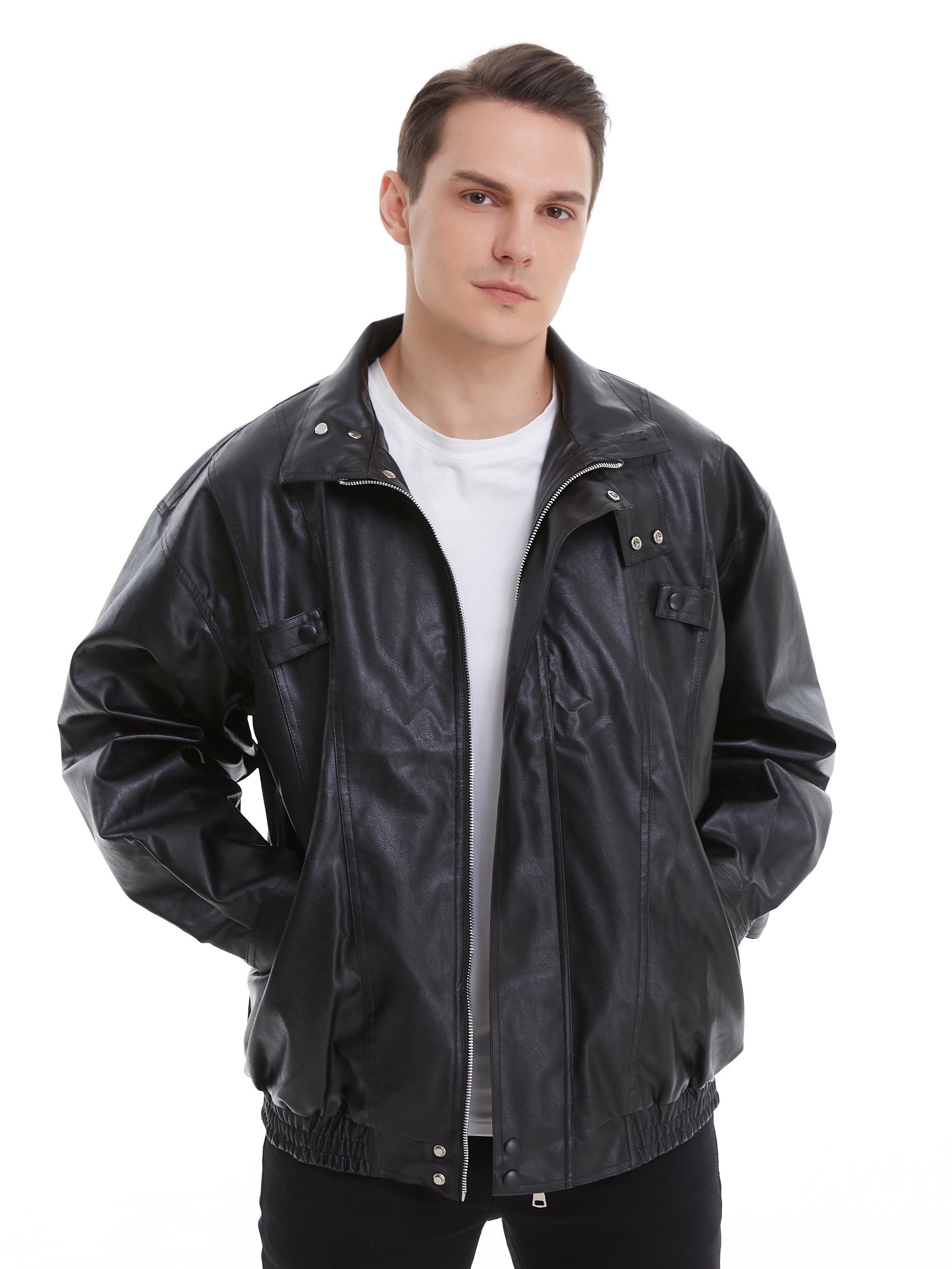Men's Casual PU Leather Jacket, Chic Loose Fit Bomber Jacket Biker Jacket