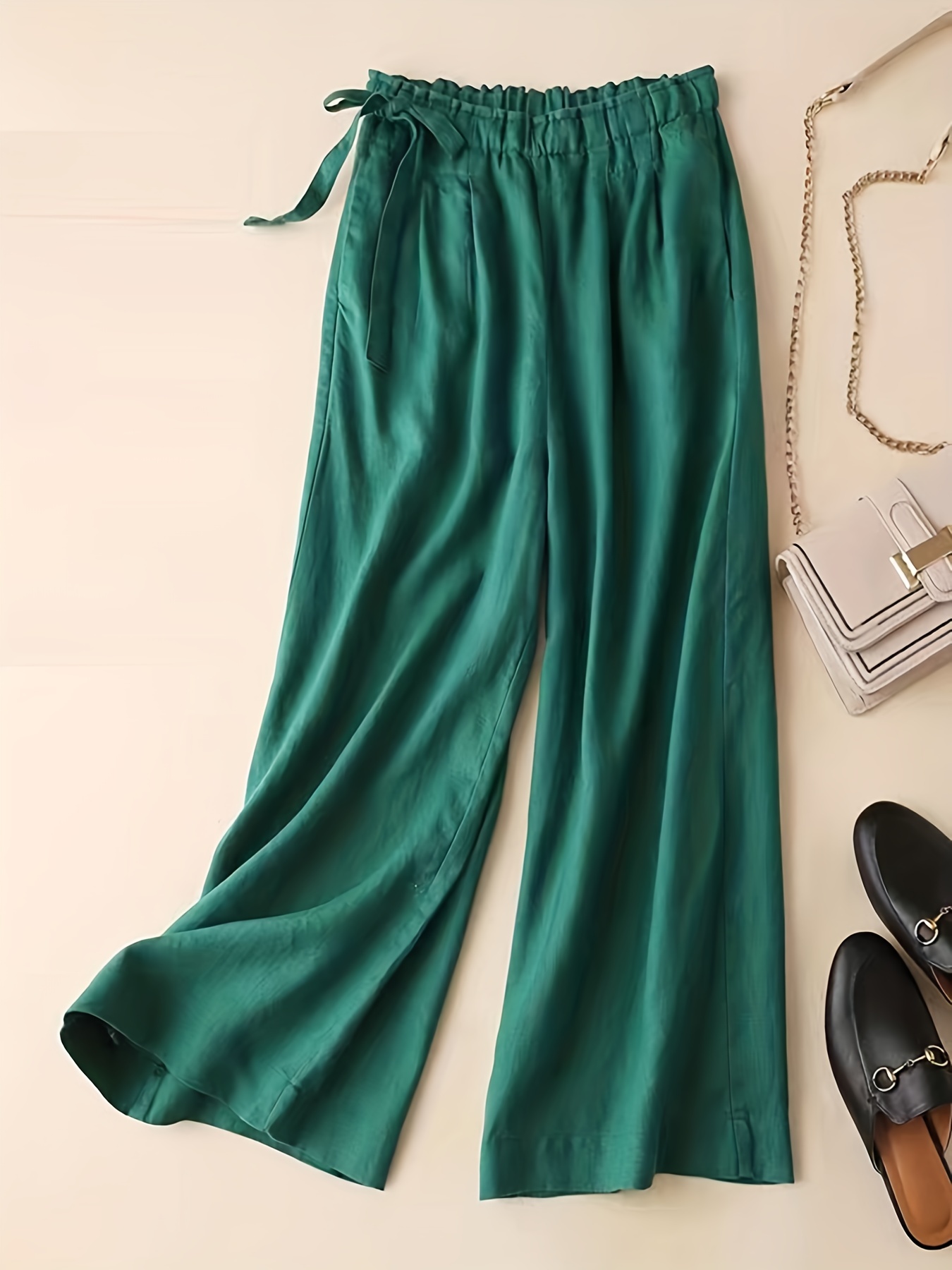 Solid Elastic Waist Pants, Casual Wide Leg Summer Pants