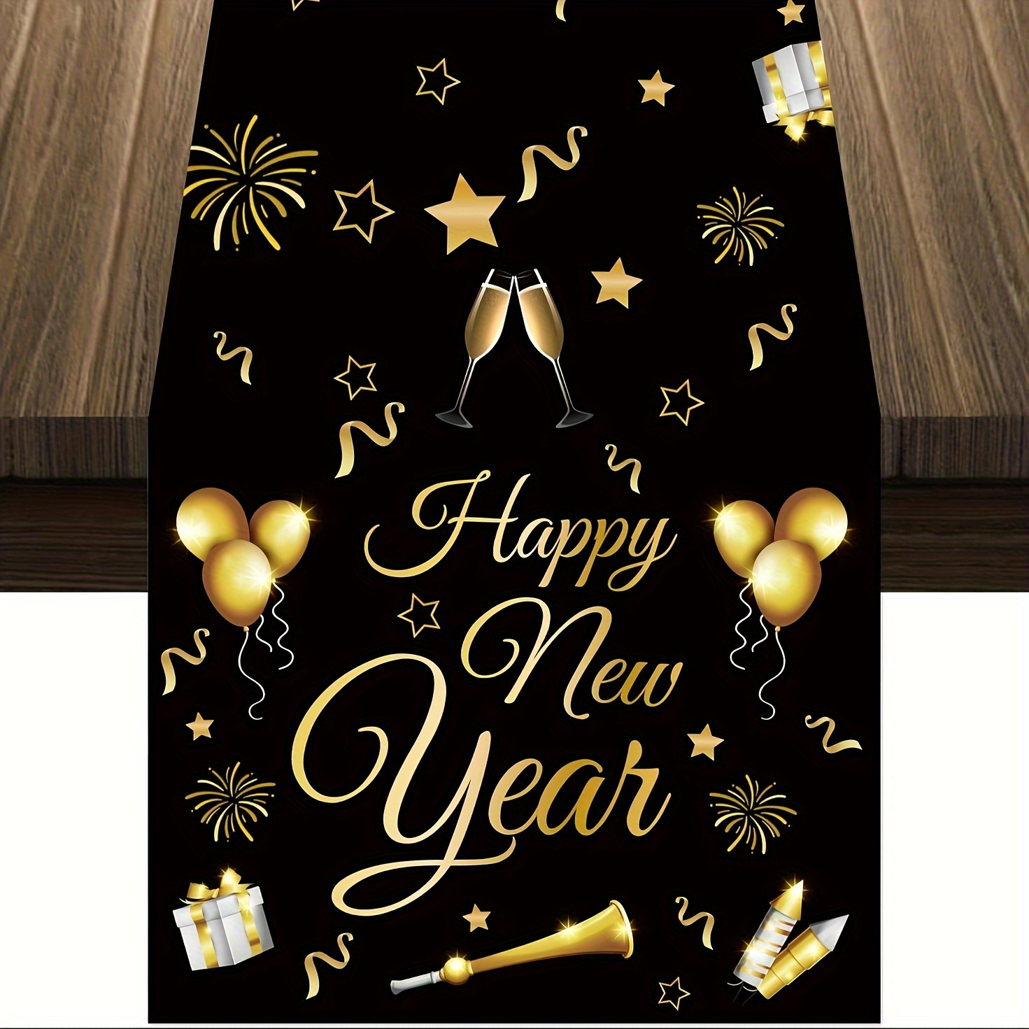 1pc Elegant Black Golden New Year' Eve Table Runner - Luxury Fabric With Golden , 13x48/72/108 Inch Wide Suitable For Nye Dinner Party, Wedding, Anniversary Decorations