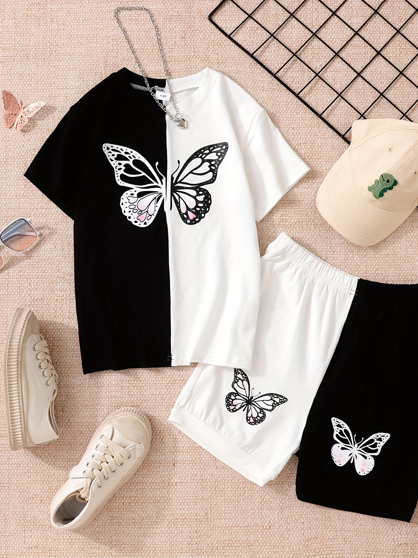 2-piece Kid Girl Butterfly Print Colorblock Twist Front Short-sleeve Tee and Elasticized Pants Set