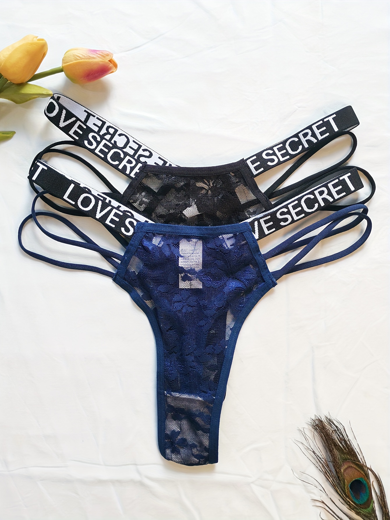 Plus Size Lingerie 4Pcs Lace Flowers Panties Thongs Low Waist Underwear for  Women 