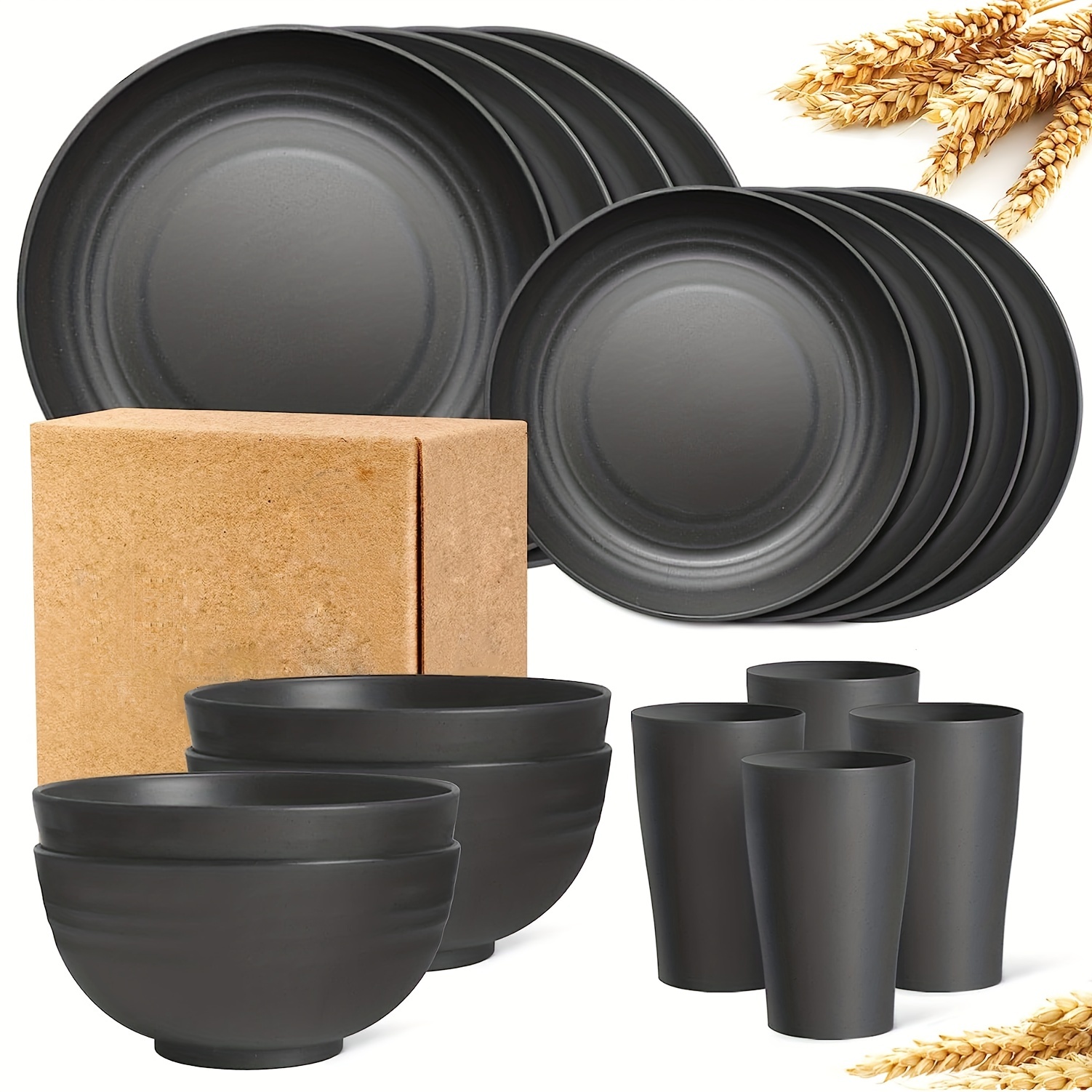 

16pcs Unbreakable Dinner Plates, Wheat Straw Dinnerware Sets, Microwave Dishwasher Safe, Reusable Dinnerware, Black Set 8pcs Plates, 4pcs Bowls, 4pcs Cups