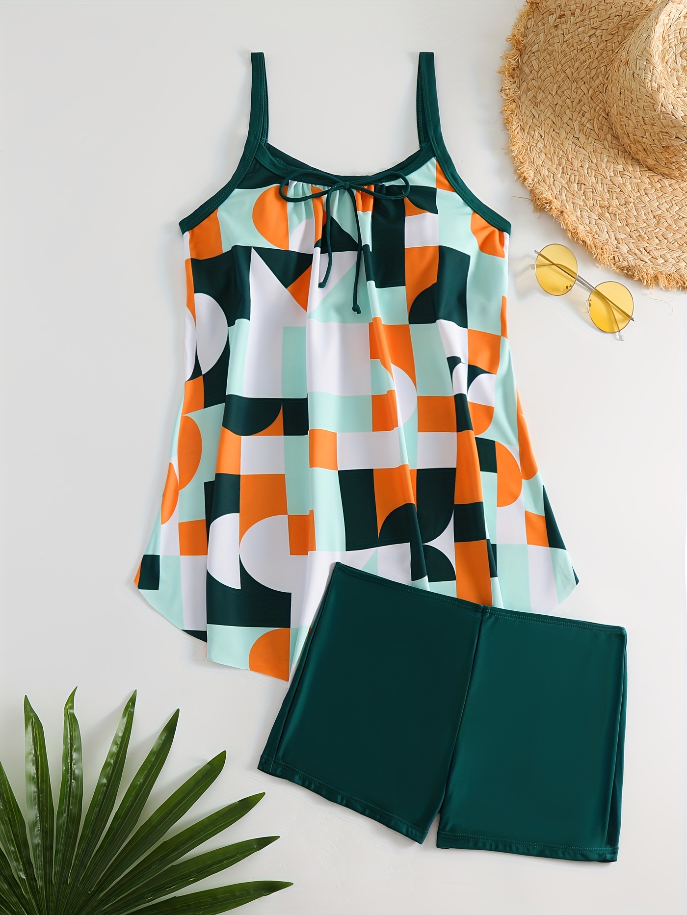 Color Block Geometric Print Scoop Neck Swimsuit - Temu