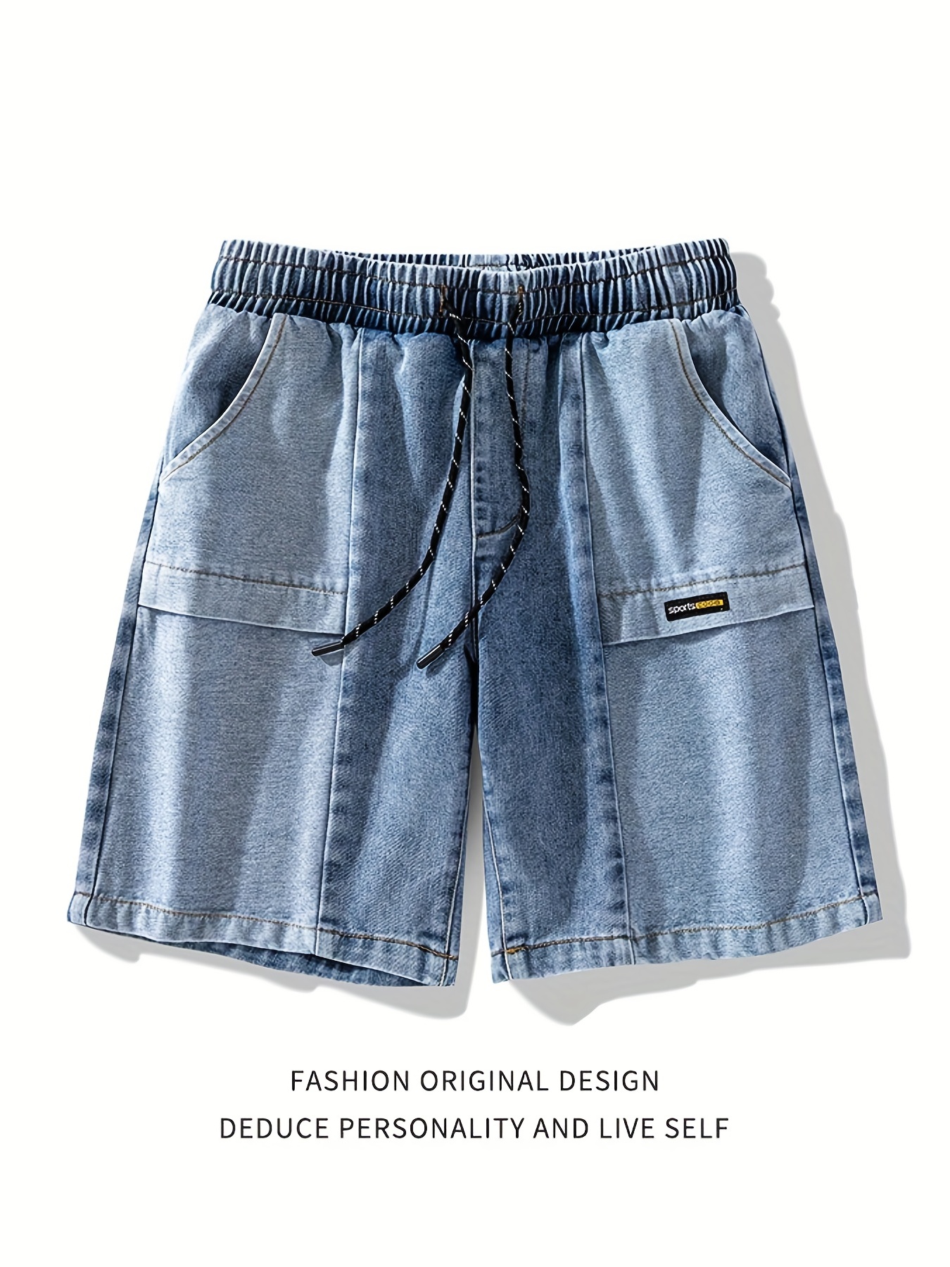 Pantalones cortos de mezclilla con bolsillos inclinados, estilo casual de calle para hombre, cintura con cordón, pantalones cortos de mezclilla desgastados para verano Jorts