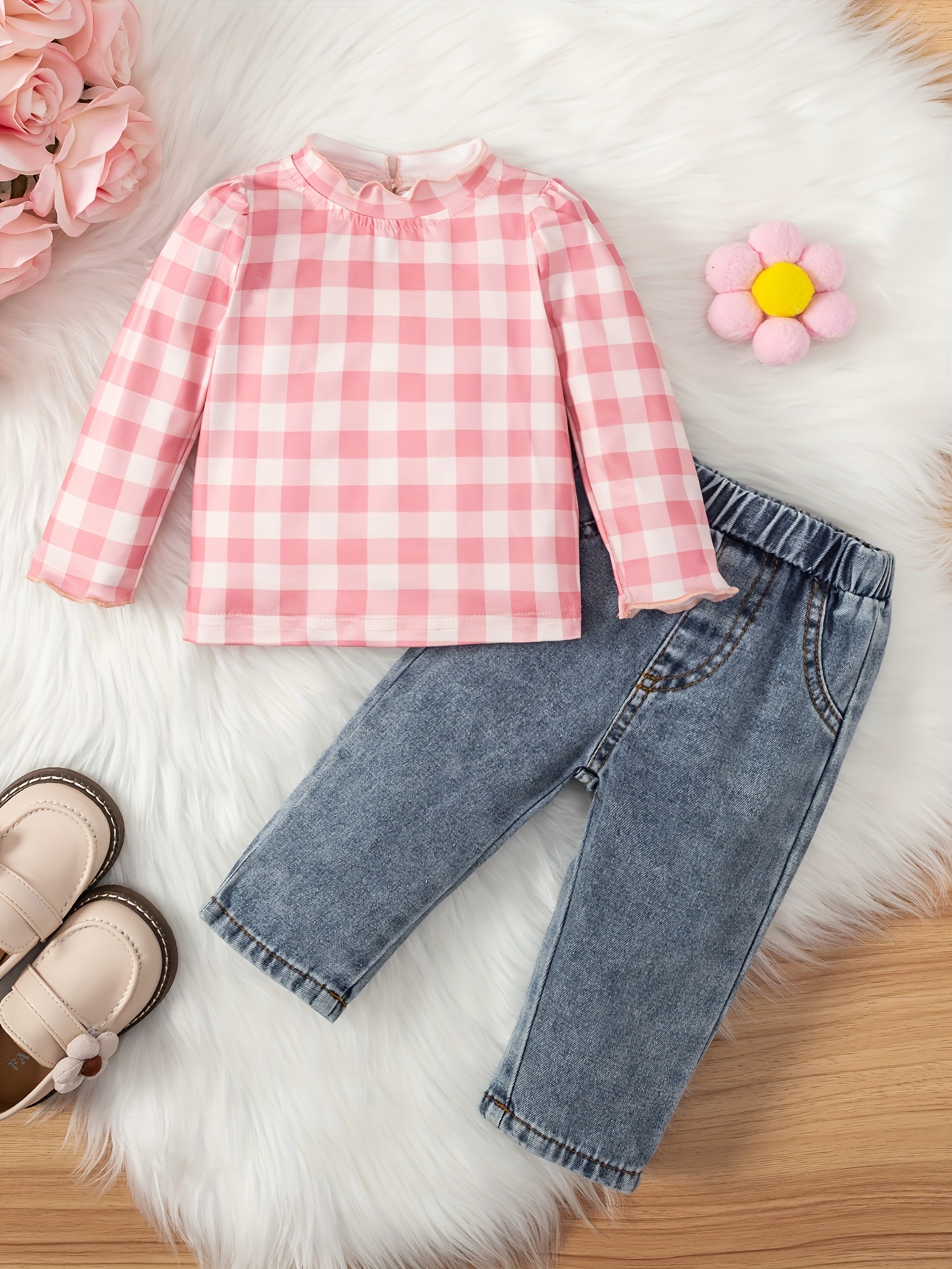 Girl's Casual Denim Outfit Long Sleeve Top Bowknot Pattern - Temu