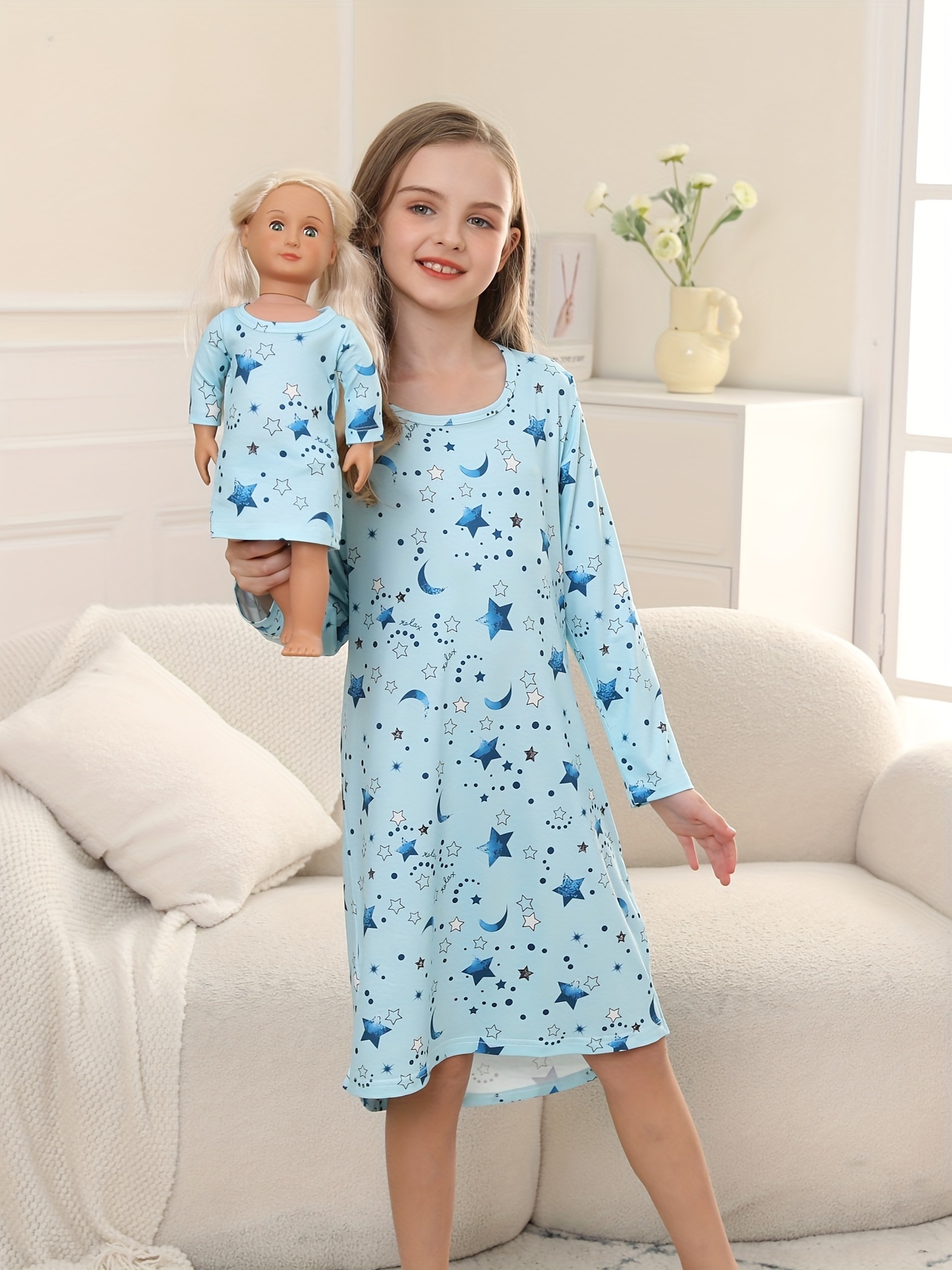 Girls Blue Stars Print Nightdress Children's Long Sleeve