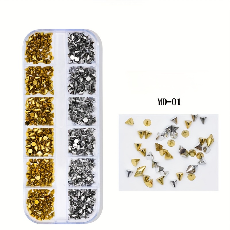 6 Grid/Box Mini Metal Rivet Punk Nail Charm Gold Silver Nail