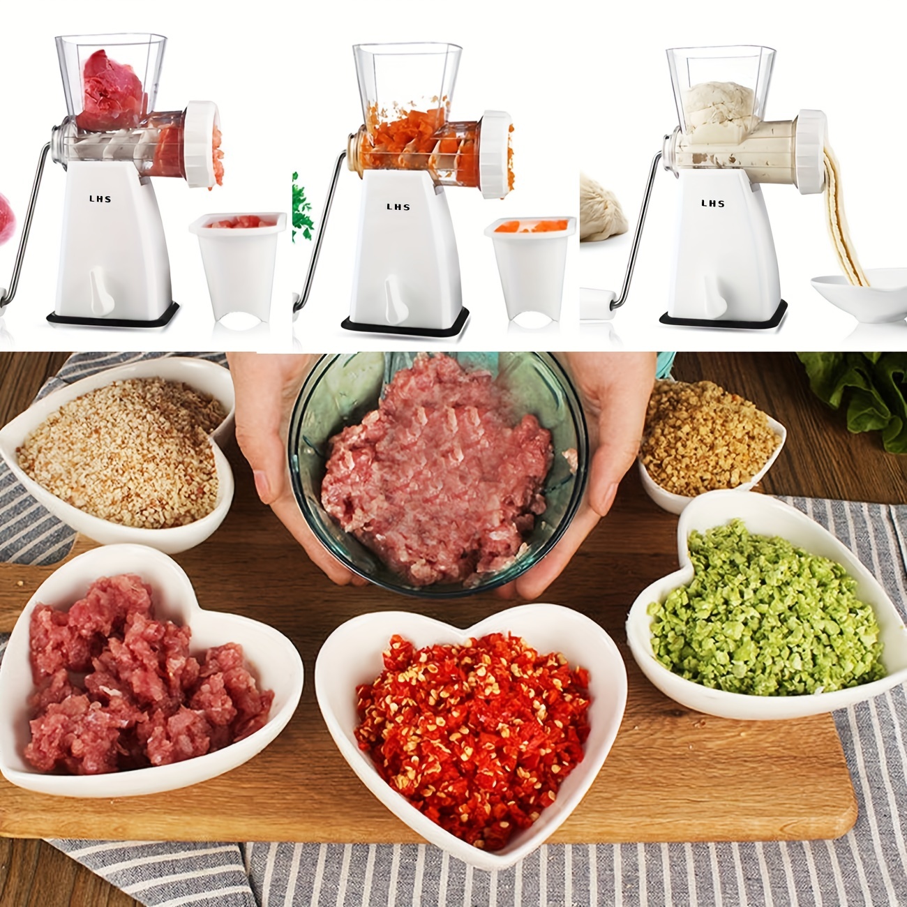 LHS Manual Meat Grinder, Heavy Duty Meat Mincer Sausage Stuffer, 3-in-1 Hand Grinder with Stainless Steel Blades for Meat, Sausage, Cookies, Easy to C