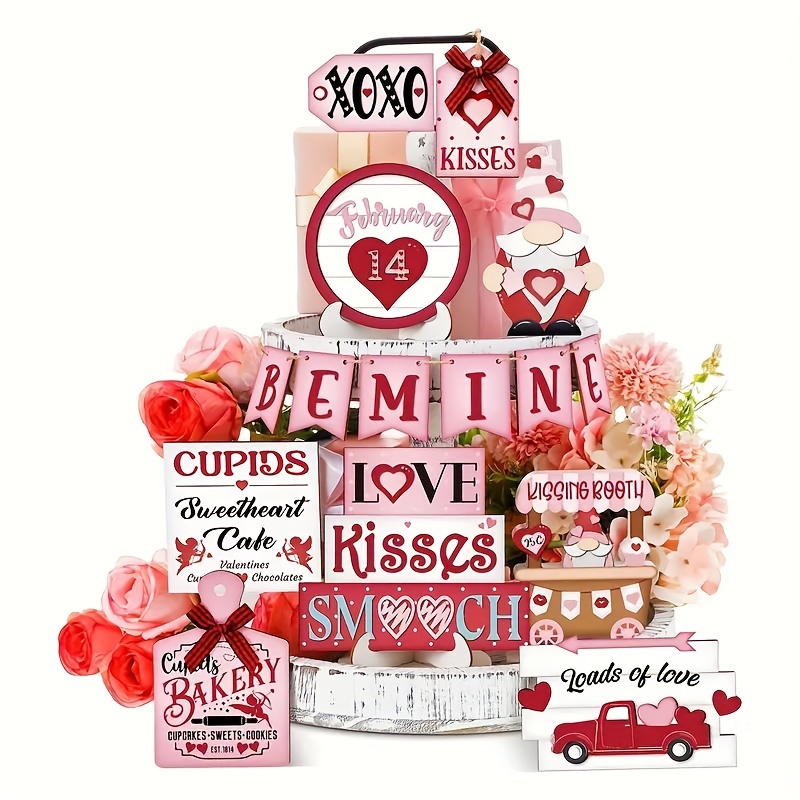  6 Pcs Valentines Day Heart Decor Set Heart Rustic Wood Home  Sign Wooden Valentines Day Decor Heart Shaped Wooden Decoration Farmhouse  Tiered Tray Decor for Table Wedding Birthday Party Accessories 