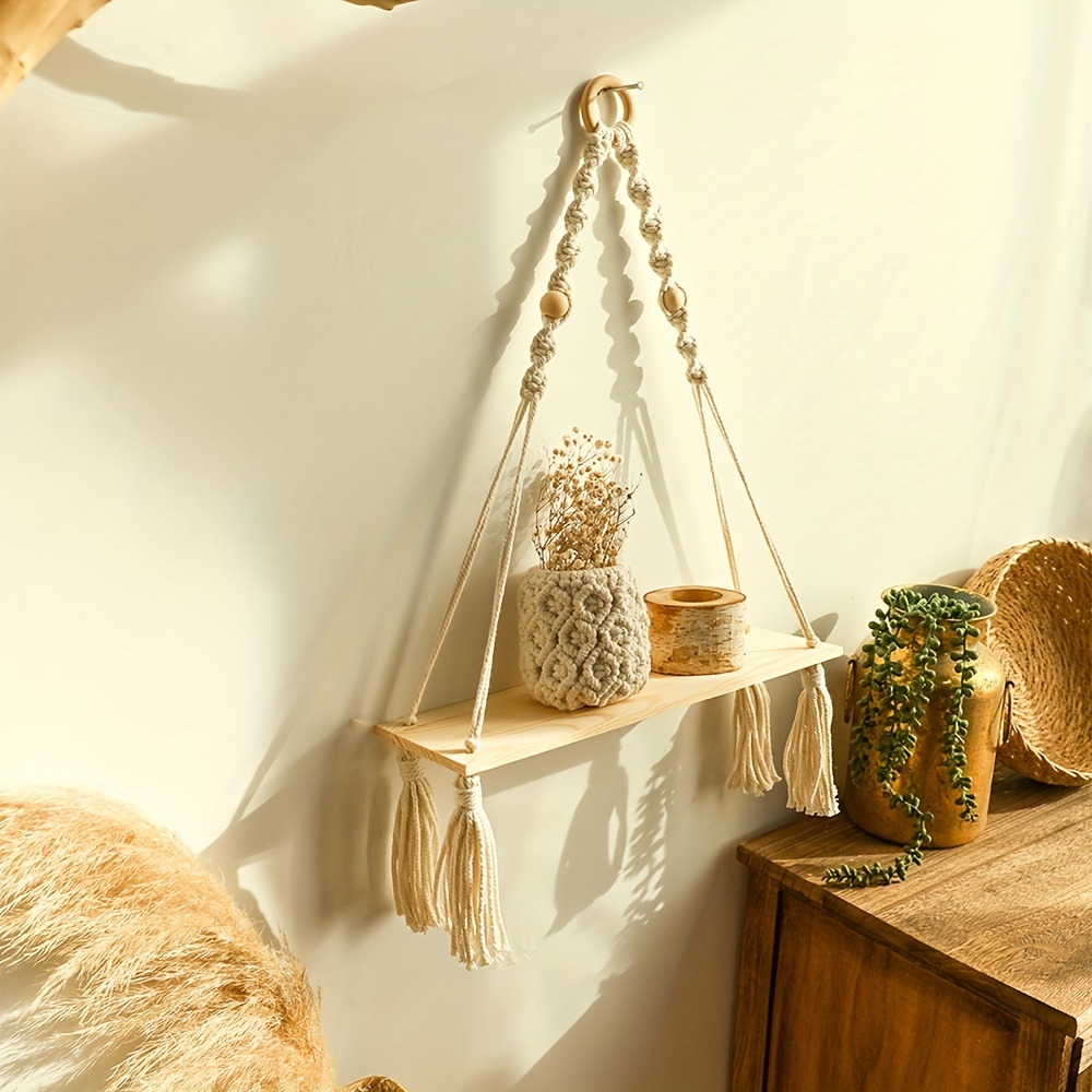Estante de pared de cuerda de madera, balda colgante de pared, decoración  nórdica para el hogar