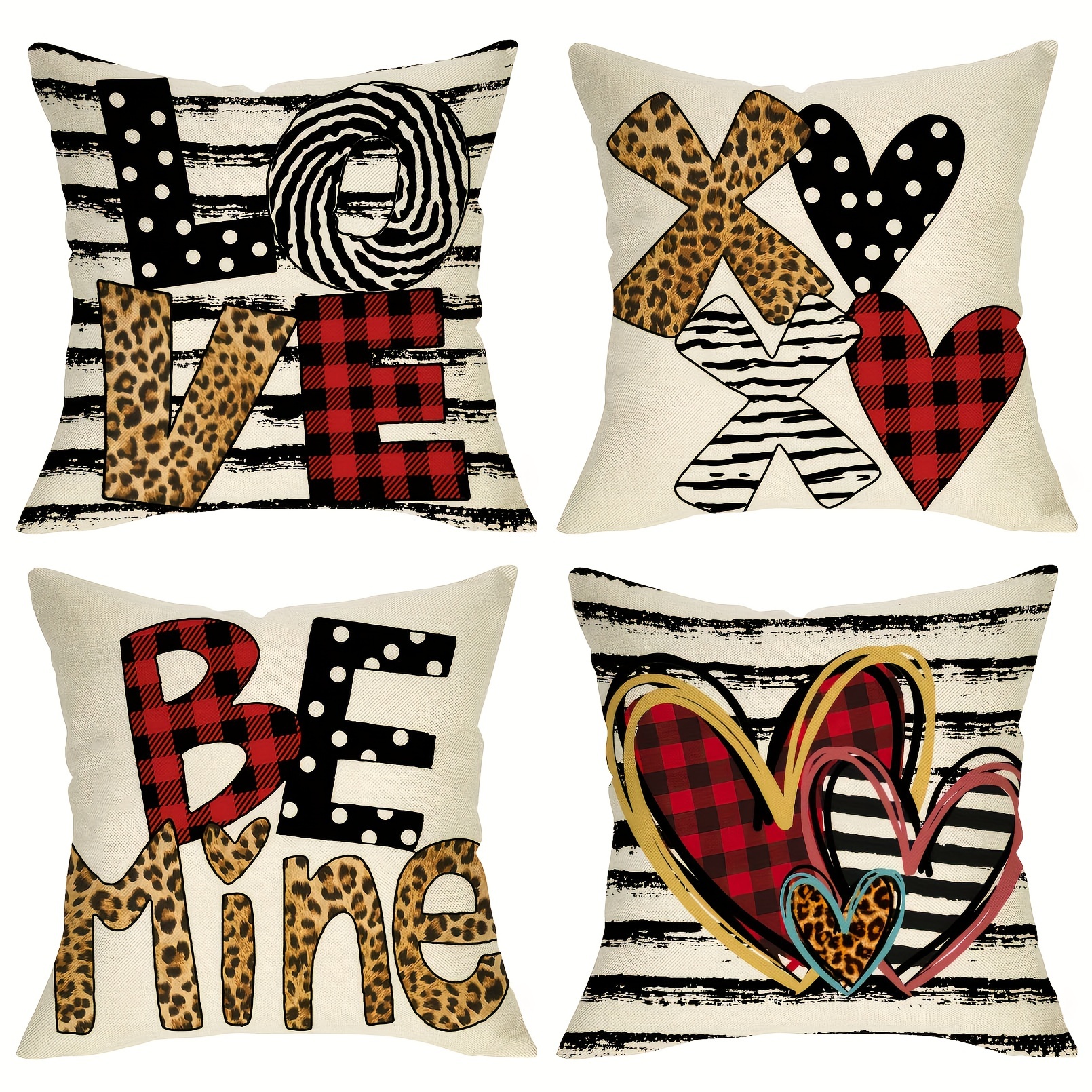 

4pcs Valentine's Day Decorative Throw Pillow Cover 18x18, Be Mine Love Leopard Red Buffalo Plaid Check Black Polka Dot Striped Anniversary Wedding Home Decor Farmhouse Cushion Case For Couch