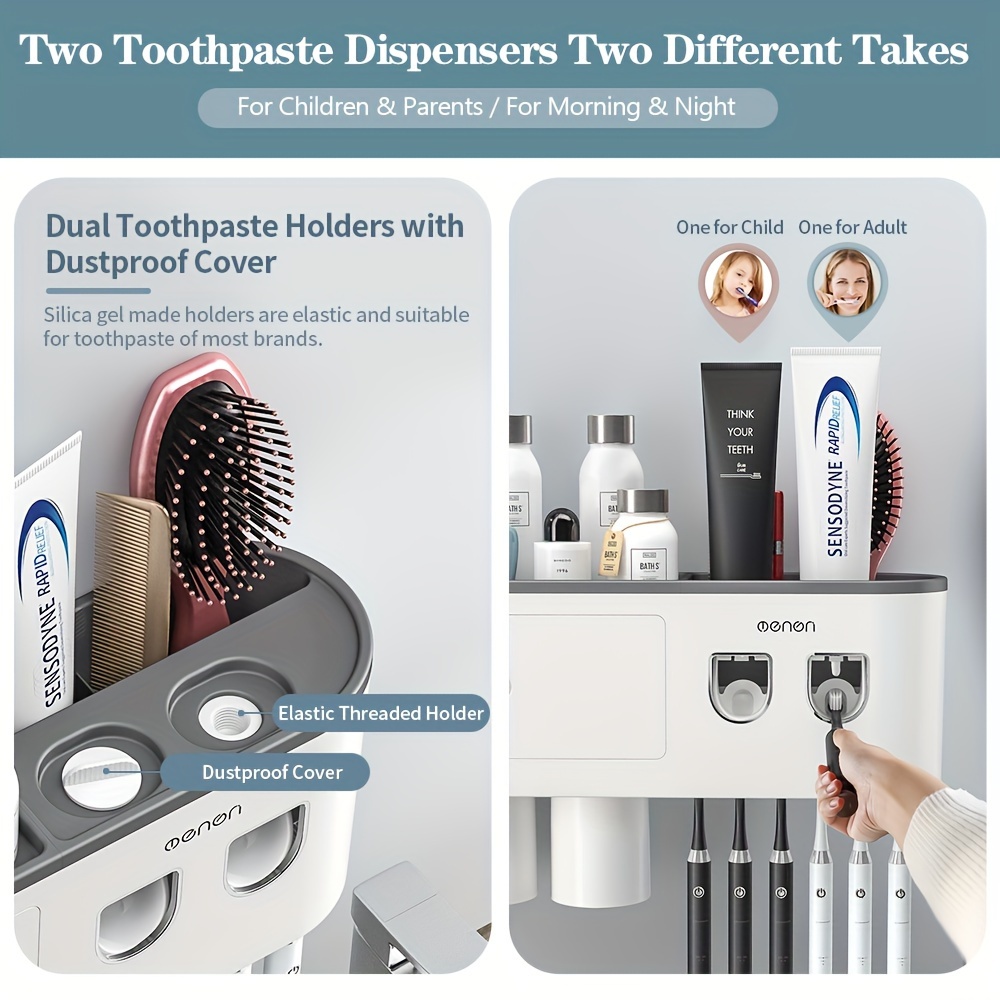 Wall Mounted Toothbrush Holder Automatic Toothpaste Dispenser w/ Drawer  Tray
