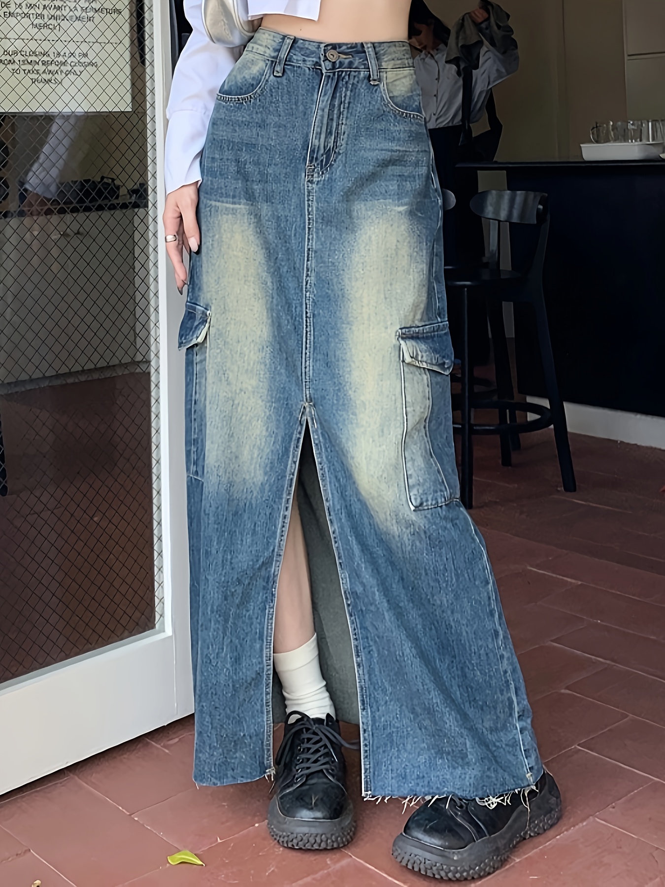 Black Cargo Pocket Split Denim Skirt, High * Solid Color A-line Long Denim  Skirt, Women's Denim Jeans & Clothing