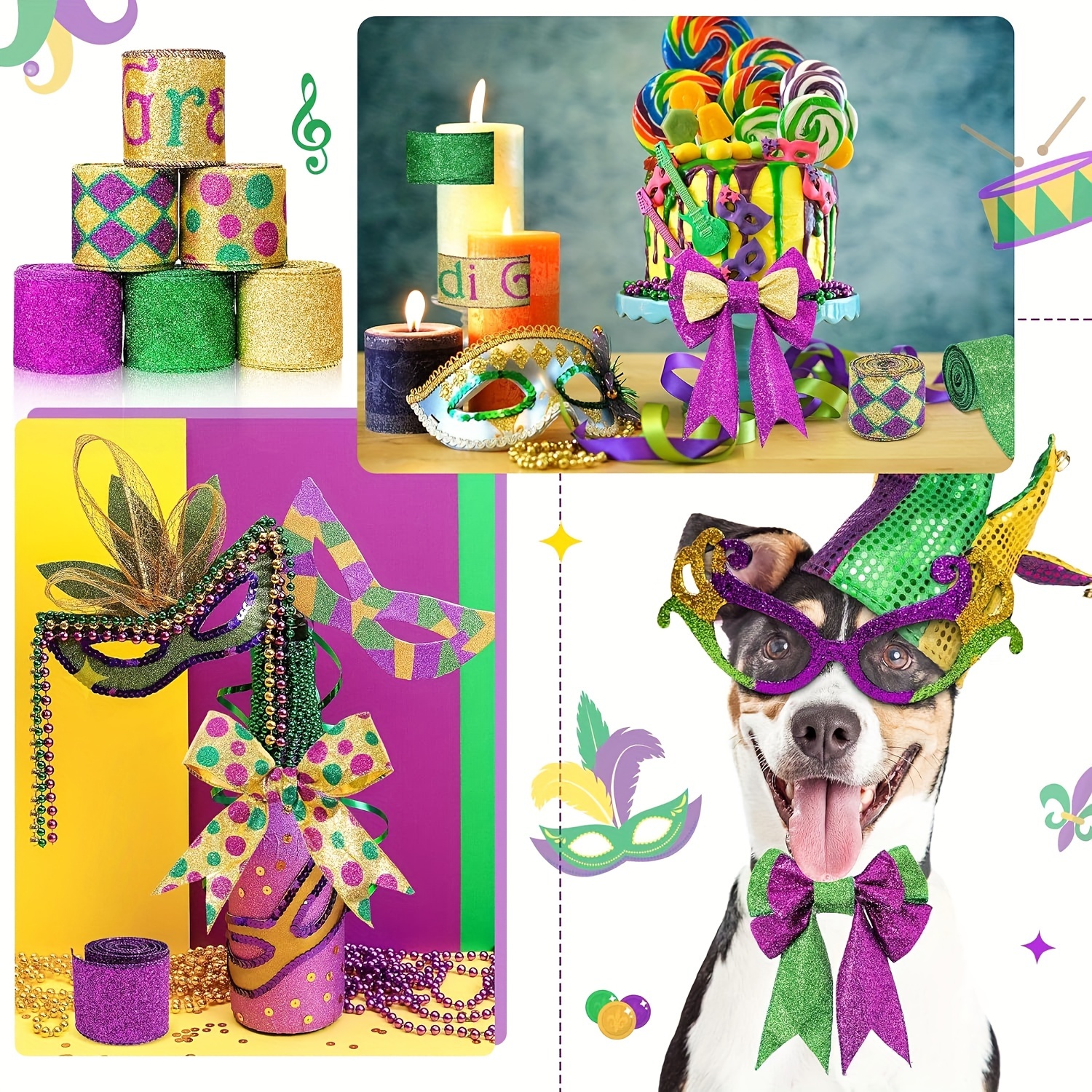 6 Rolls 2inch Mardi Gras Wired Edge Ribbon Purple Gold And Green Stripe  Ribbon Glitter Metallic Wrapping Ribbon For Mardi Gras Masquerade Party  Decoration (Artsy Pattern)