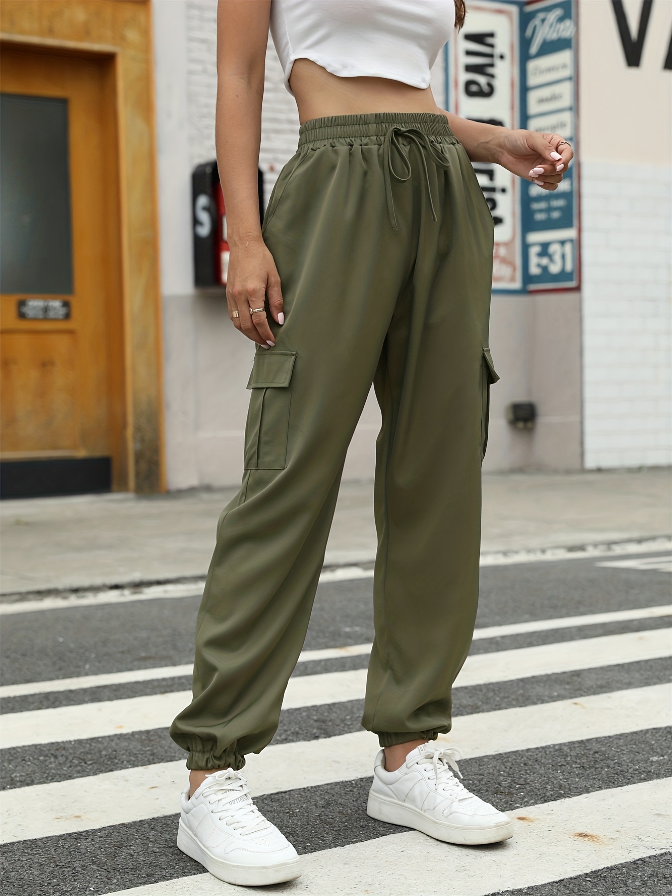 Casual Loose Drawstring Cargo Pant Solid Bungee Fashion Long