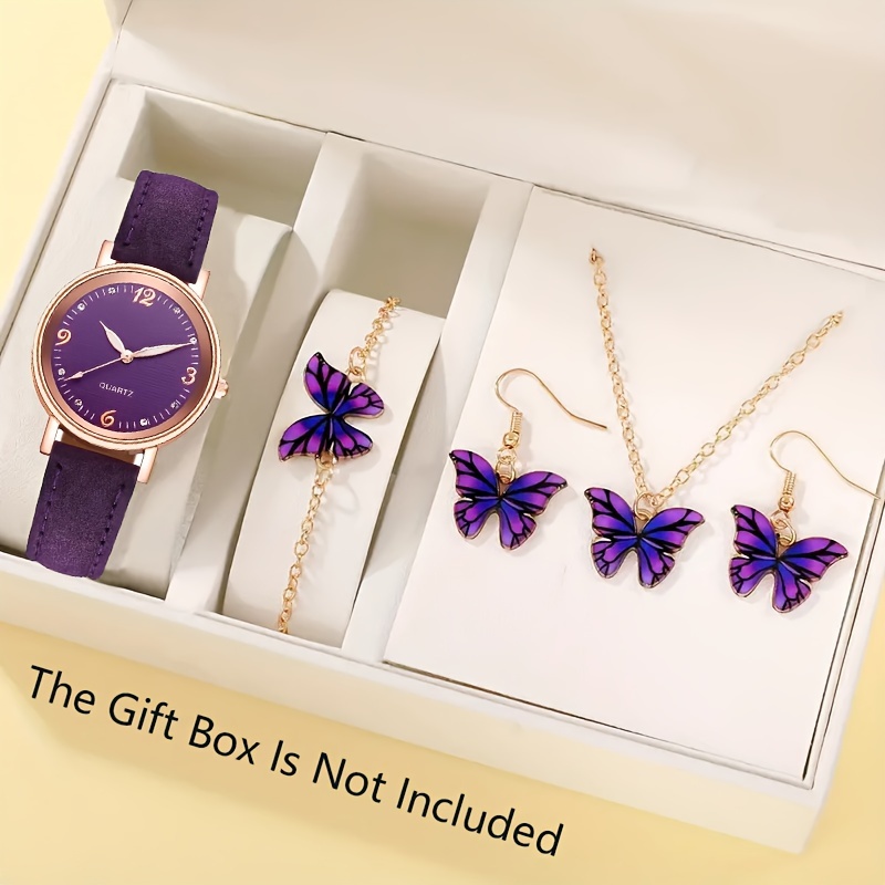 

5pcs/set Women's Elegant Purple Quartz Watch Analog Pu Leather Wrist Watch & Butterfly Jewelry Set, Gift For Mom Her