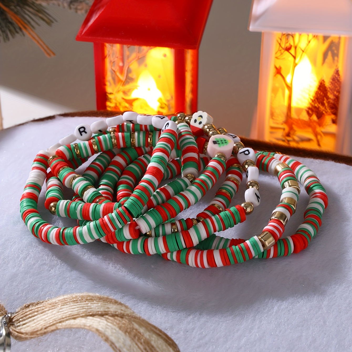 6pcs Red Green White Soft Clay Beads Beaded Bracelet Set Stackable Hand String Xmas Gift,Temu