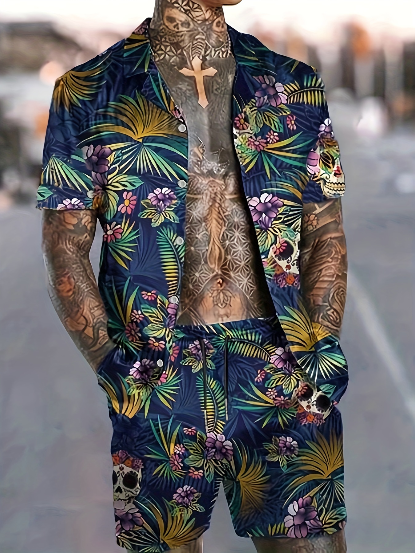 Men's Outfit Set Smokey Pattern Hawaiian Shirt Drawstring - Temu