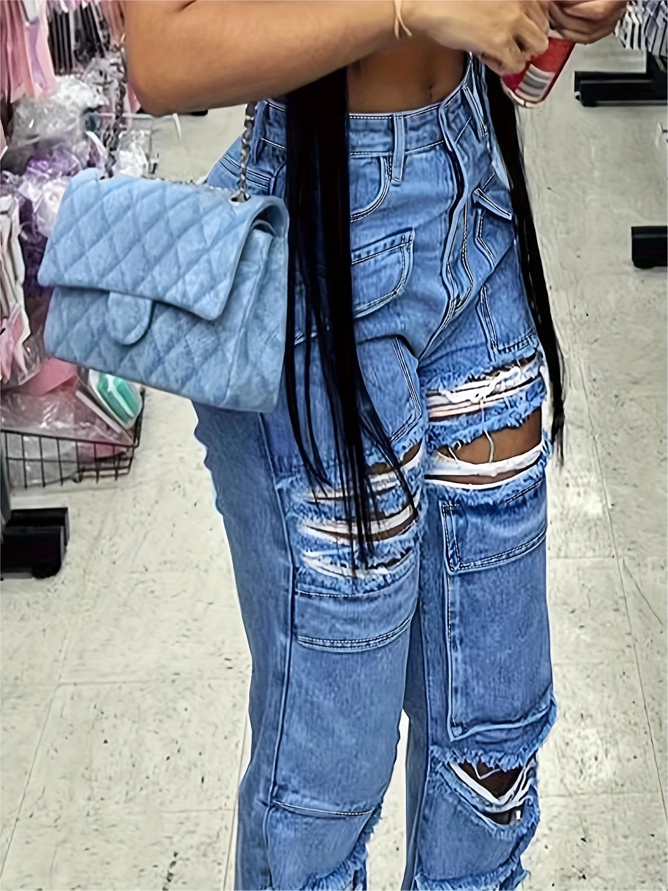 Purple Flap Pockets Straight Jeans Loose Fit Ripped Holes - Temu
