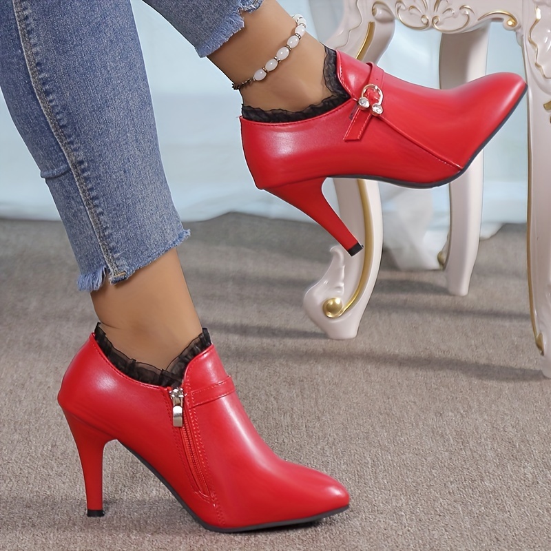 Pointed Toe Stiletto Heel Ankle Boots For Women Side Zipper Shoes