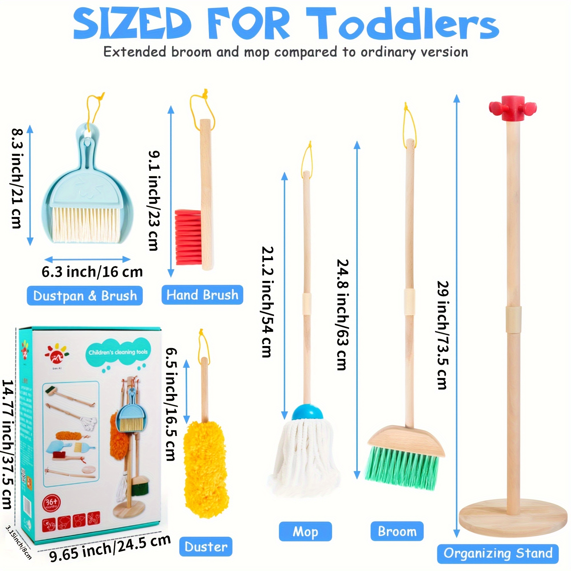 Montessori Mama Pretend Play Kids Cleaning Set - Toddler Cleaning Set -  Kids Broom and Mop Set for Toddlers with Stand, Duster, Dust Pan, Hand