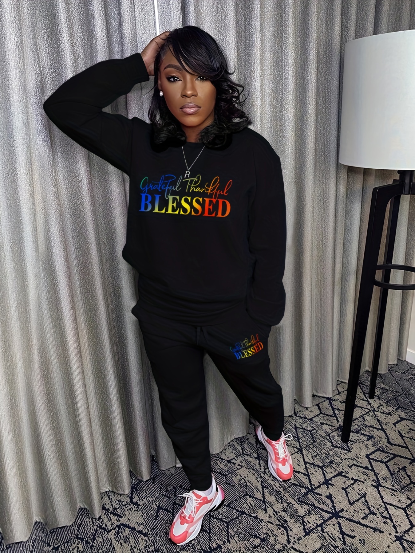 Blessed Letter Print Casual Two piece Set Crew Neck Long - Temu Canada