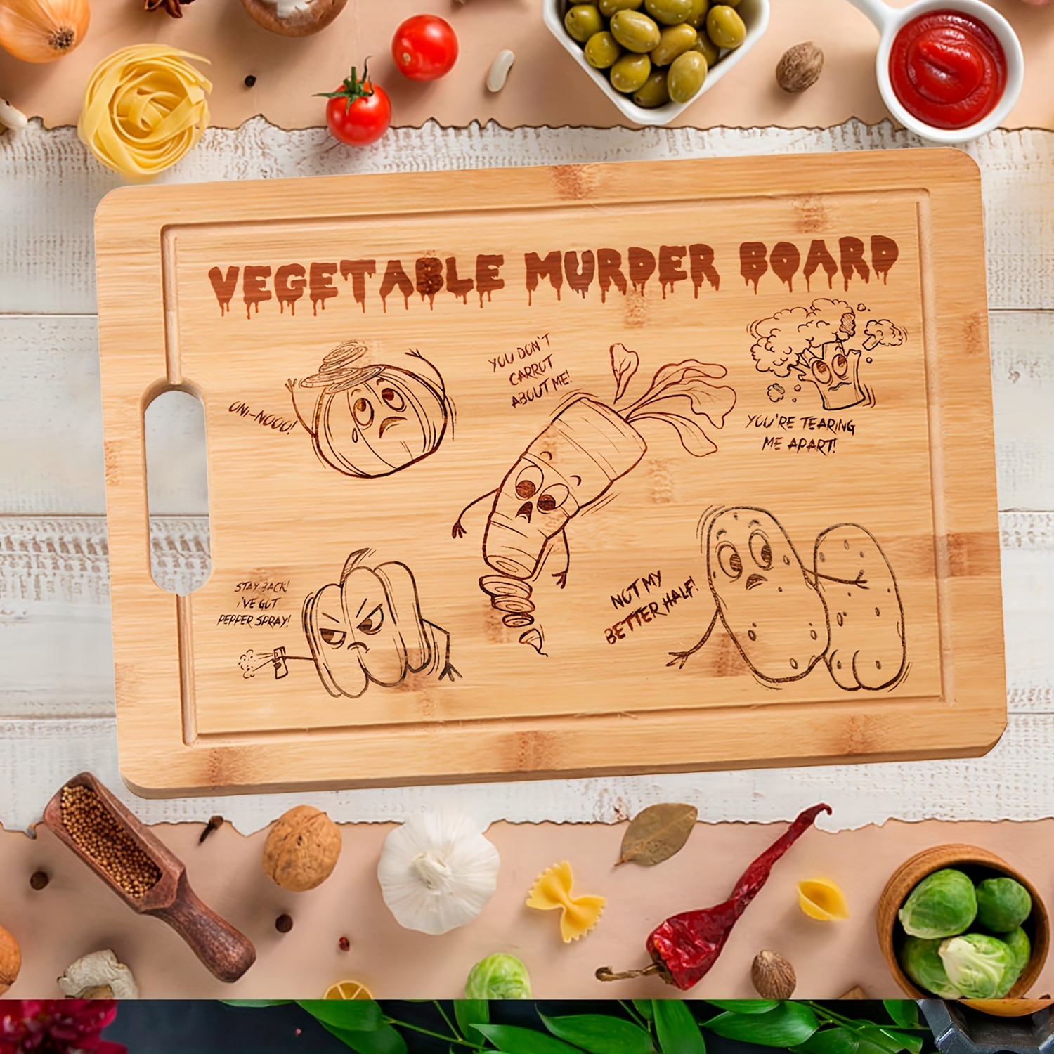 1pc, Chopping Board, Bamboo Cutting Board, Engraving Cutting Board,  Vegetable Murder Cutting Board, Laser Engraved Funny Bamboo Cutting Board,  Humoro